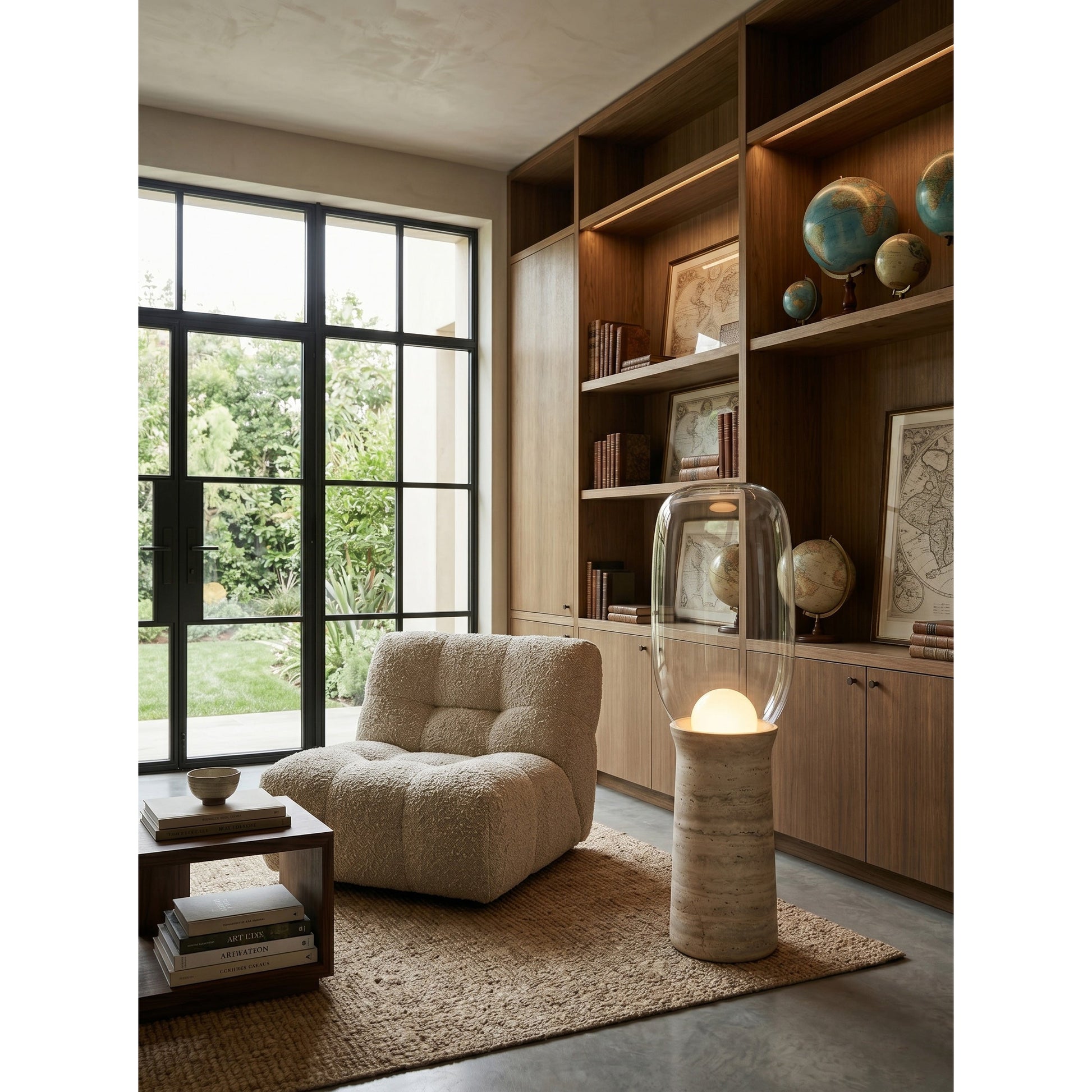 The beige travertine Torch Floor Lamp in a minimalist entryway setting.