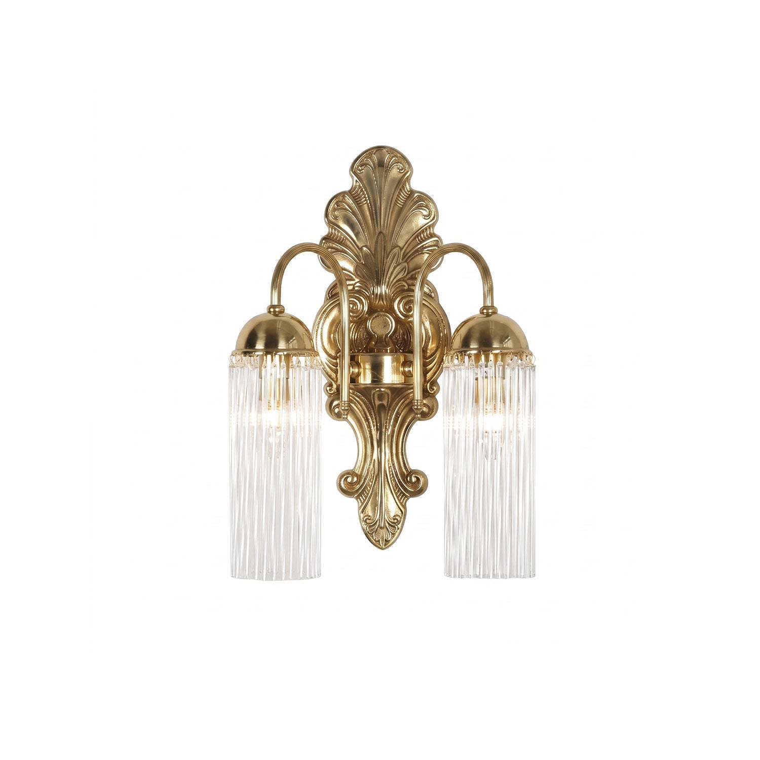 Front view of the Triest Wall Sconce with its brass backplate and two fluted glass shades.