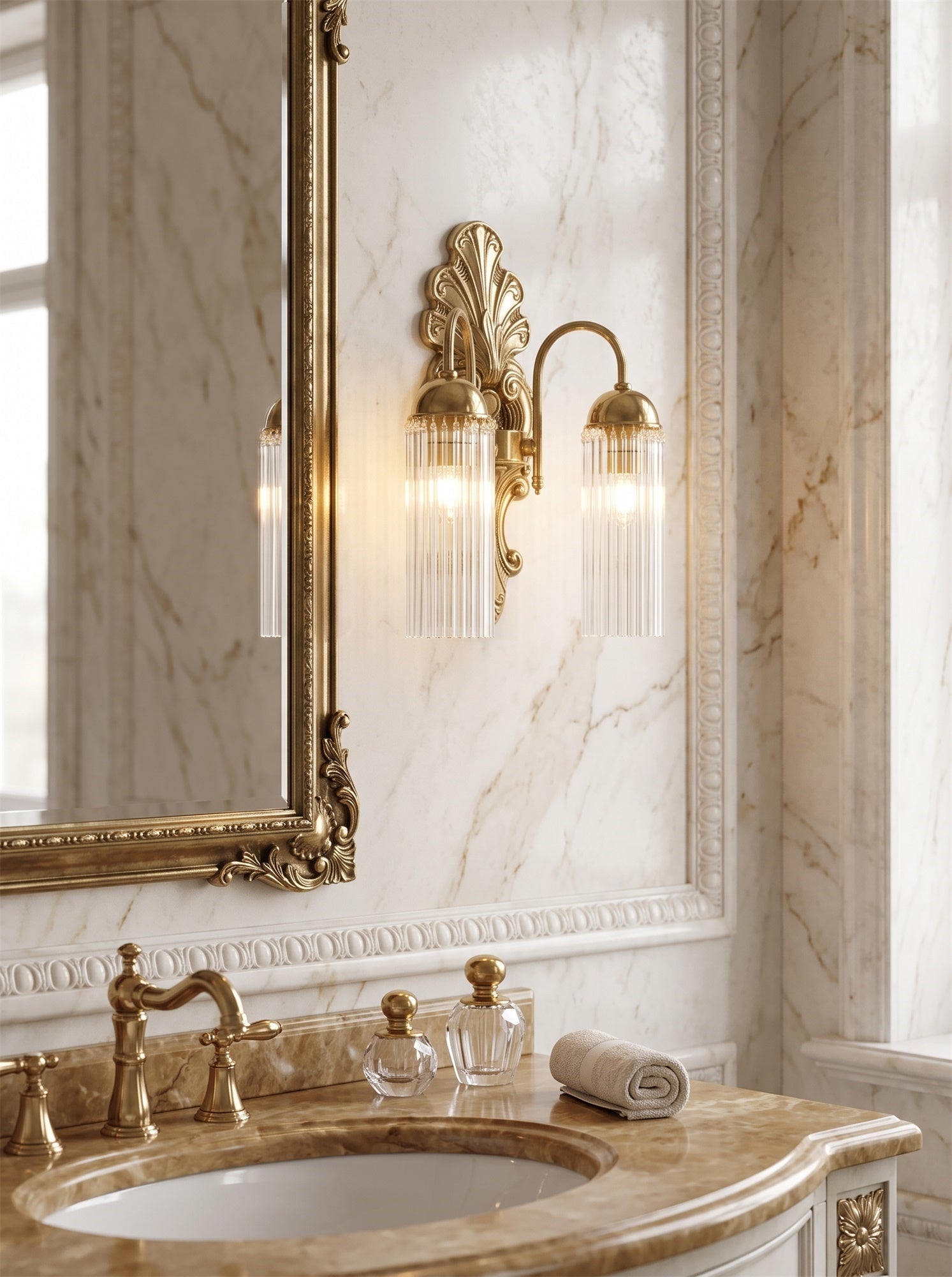Angled view of the Triest Wall Sconce, highlighting the intricate details of the baroque-inspired brass fixture.