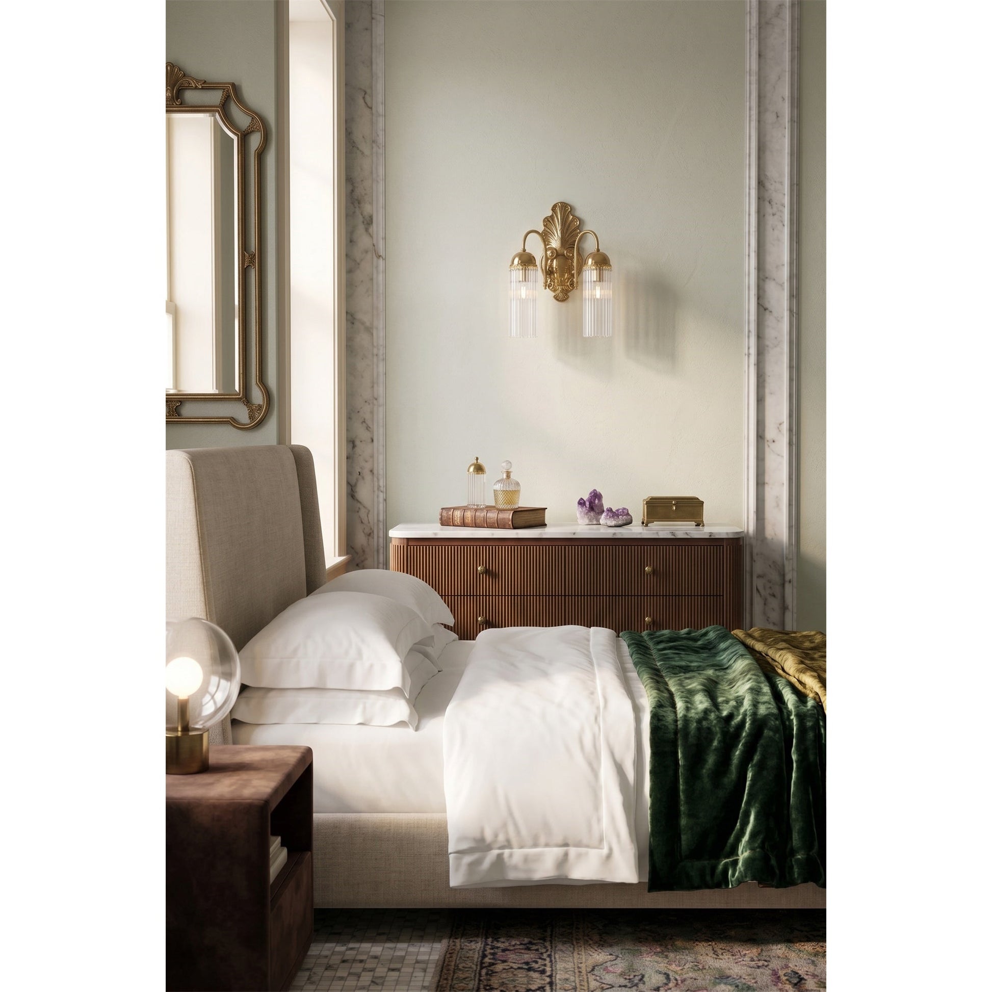 A pair of Triest Wall Sconces installed on either side of a bathroom vanity mirror.