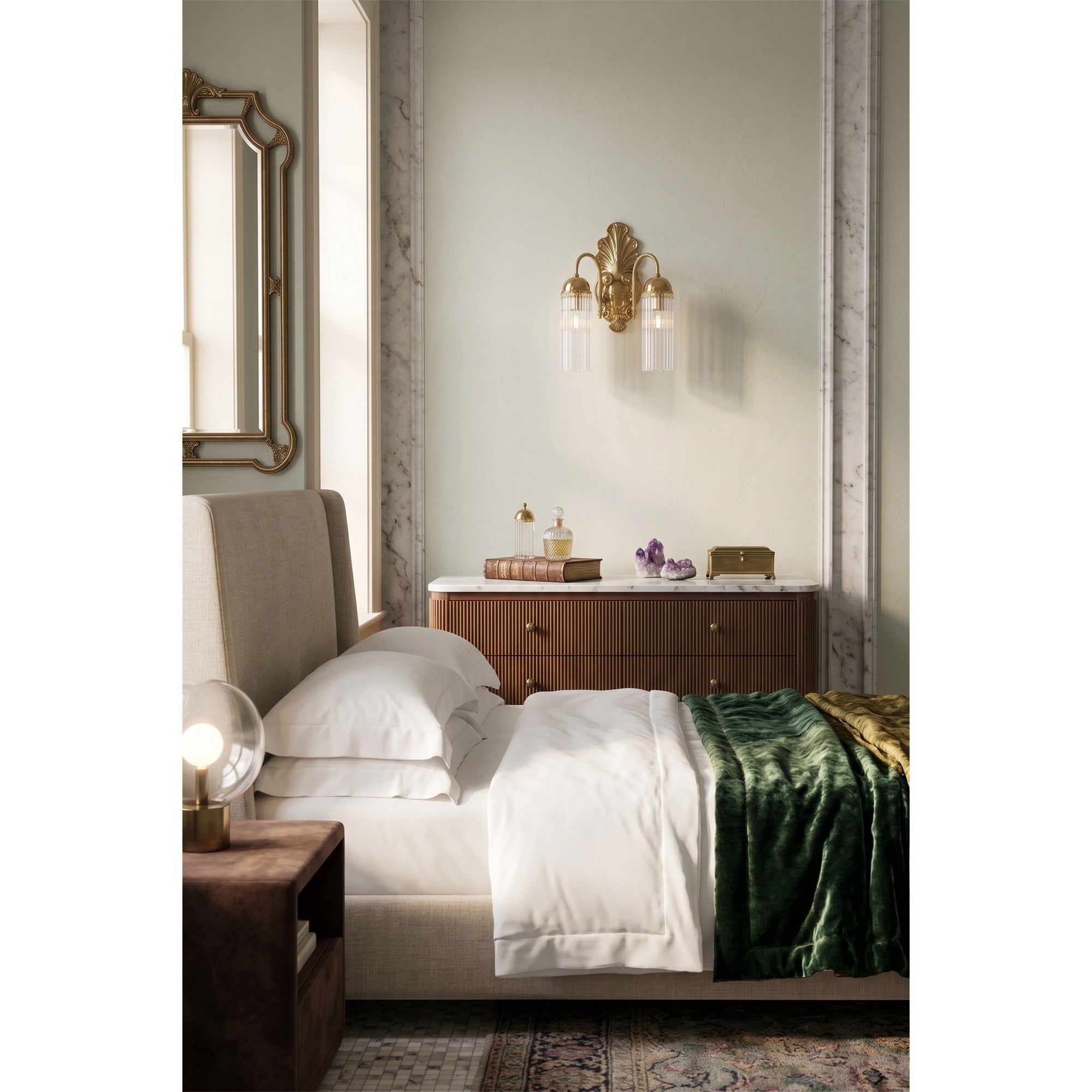A pair of Triest Wall Sconces installed on either side of a bathroom vanity mirror.