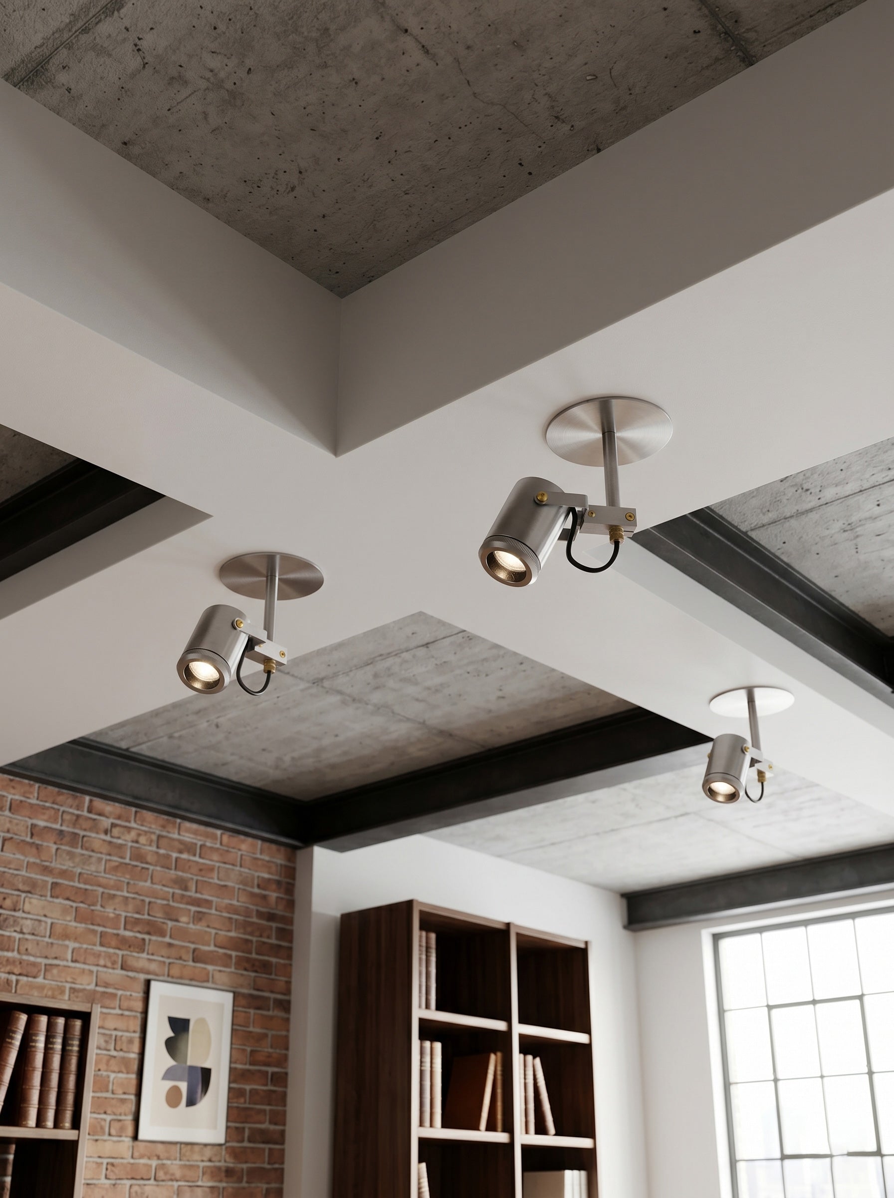 Close-up of the Triton LED Flush Mount's micro-aperture and brushed nickel body.