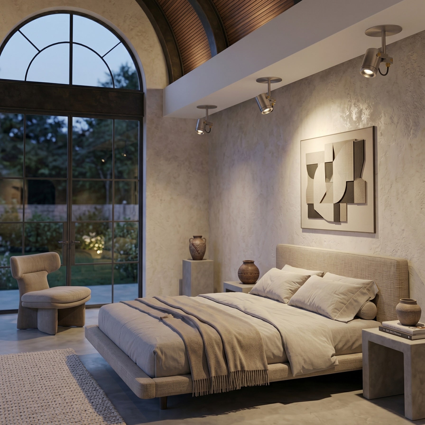 The Triton LED Flush Mount installed in a modern wood-paneled ceiling.