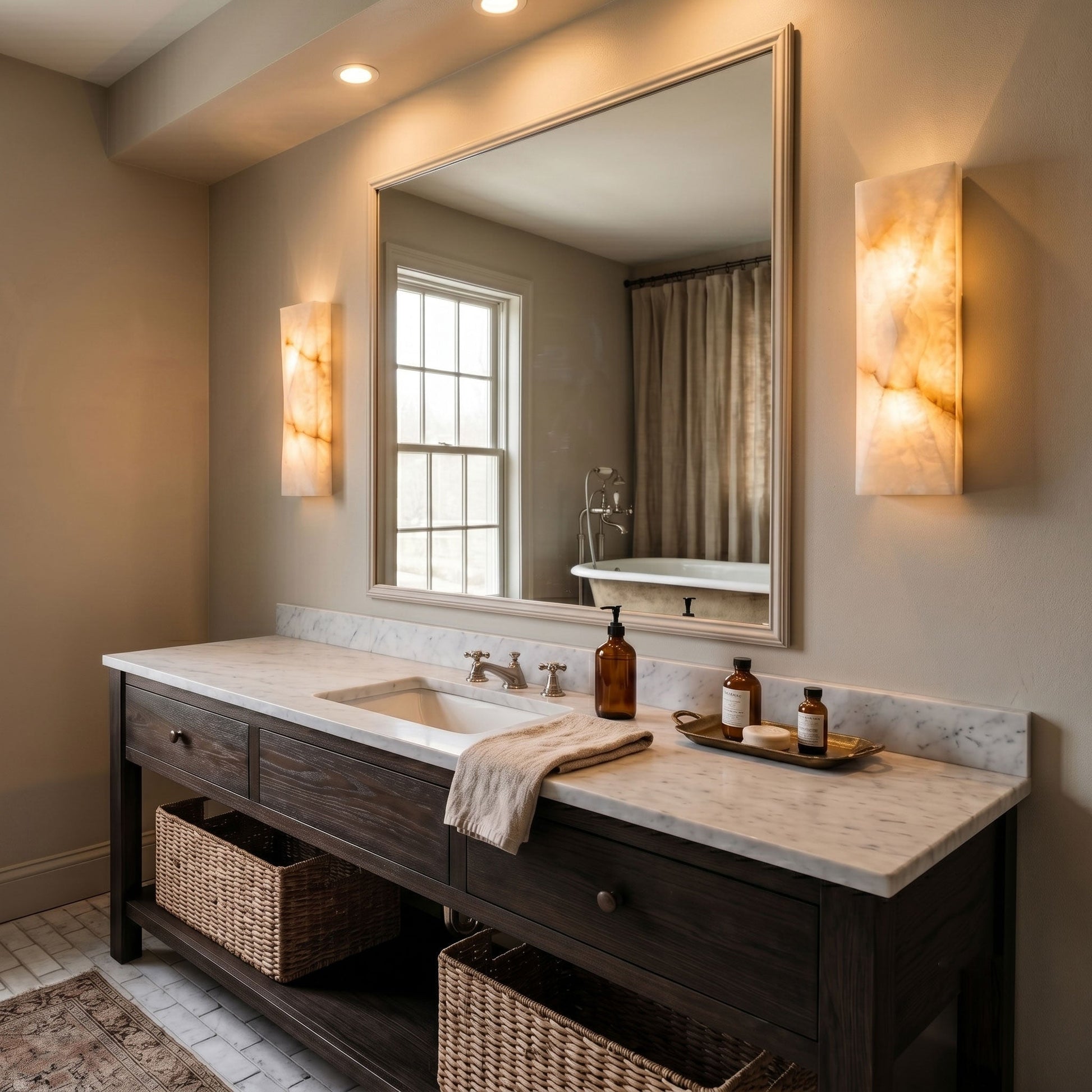 Angled view of the rectangular Tropez Alabaster Wall Sconce against a light wall.