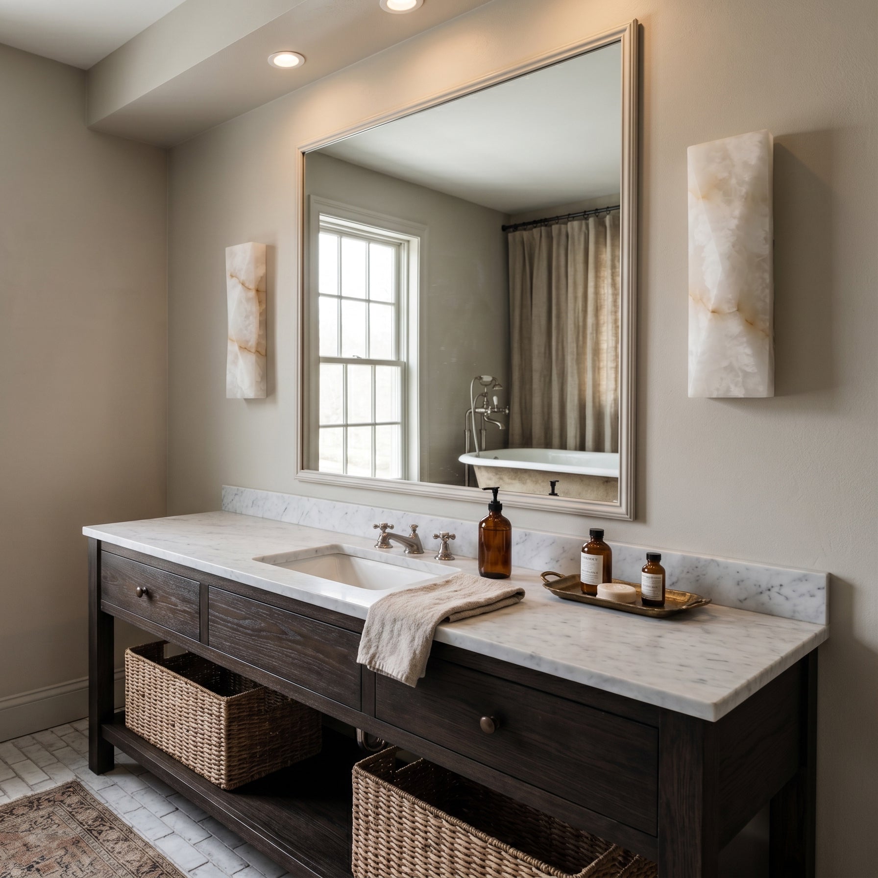 The Tropez Alabaster Wall Sconce illuminated, casting a warm and inviting glow.