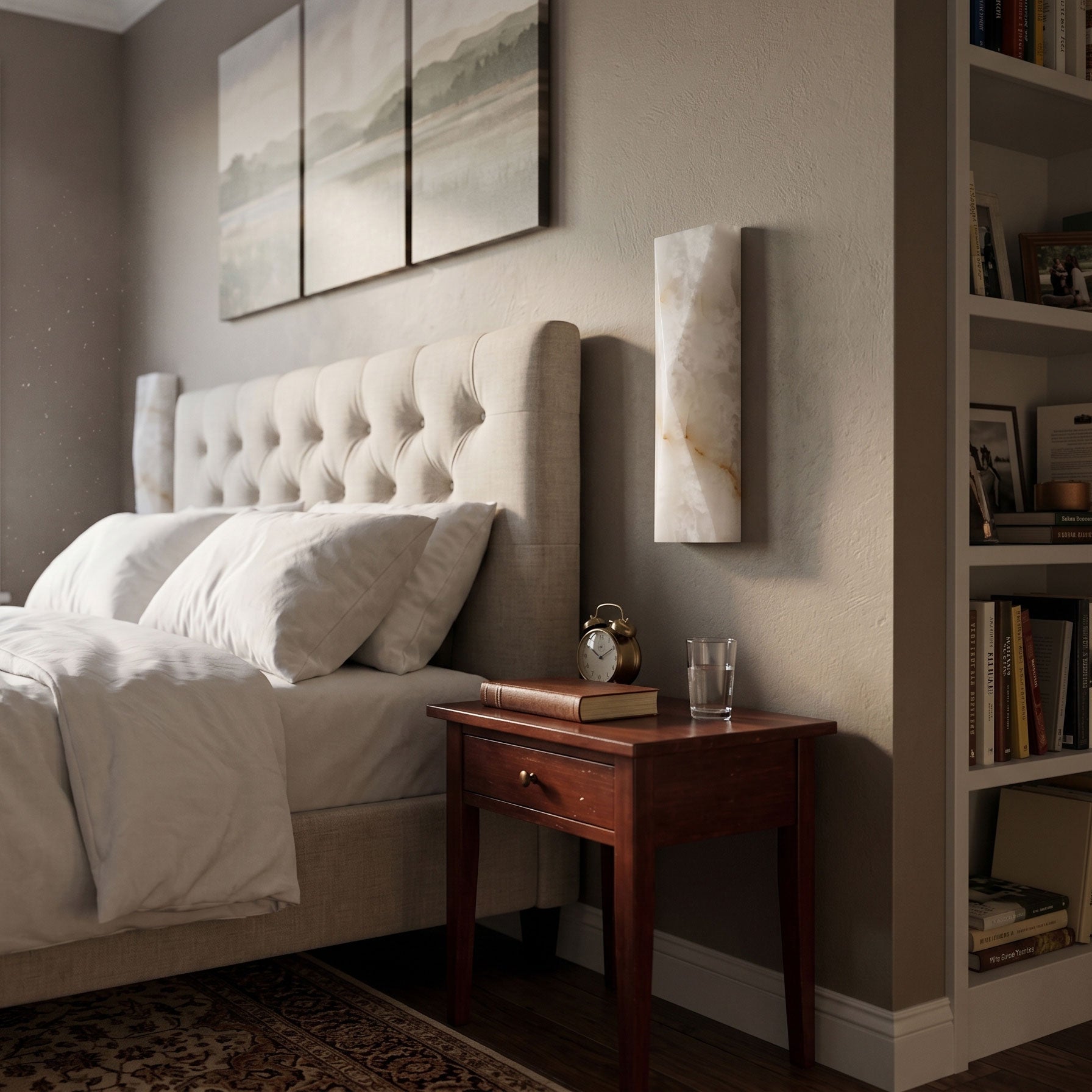 A pair of Tropez Alabaster Wall Sconces installed in a modern living room.