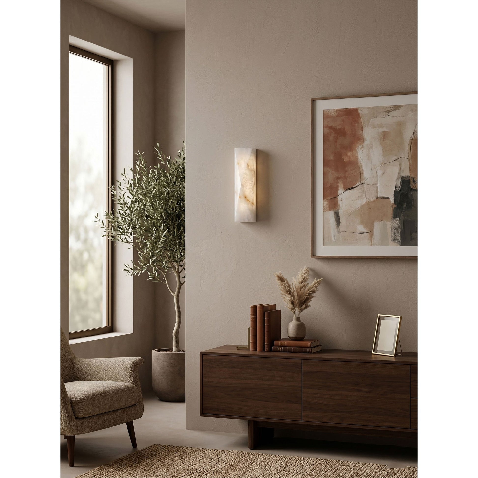 Lifestyle image of the Tropez Wall Sconce in a minimalist hallway.