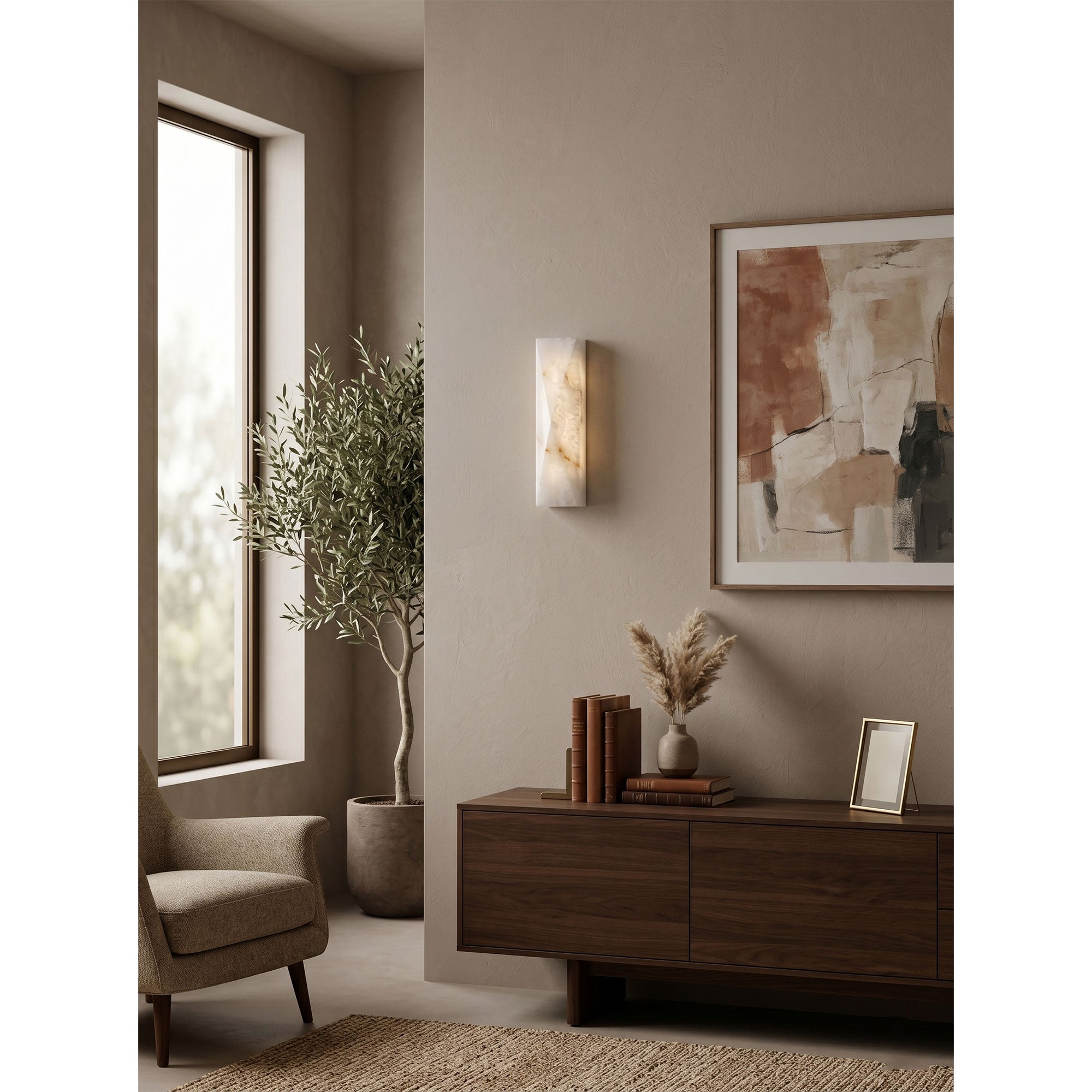 Lifestyle image of the Tropez Wall Sconce in a minimalist hallway.