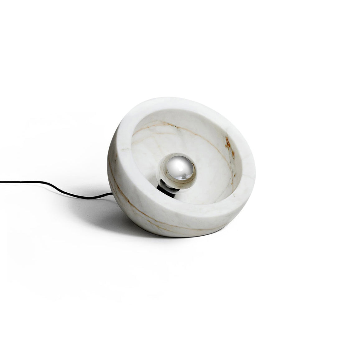 Tsuki Table Lamp in white marble with a polished chrome bulb.