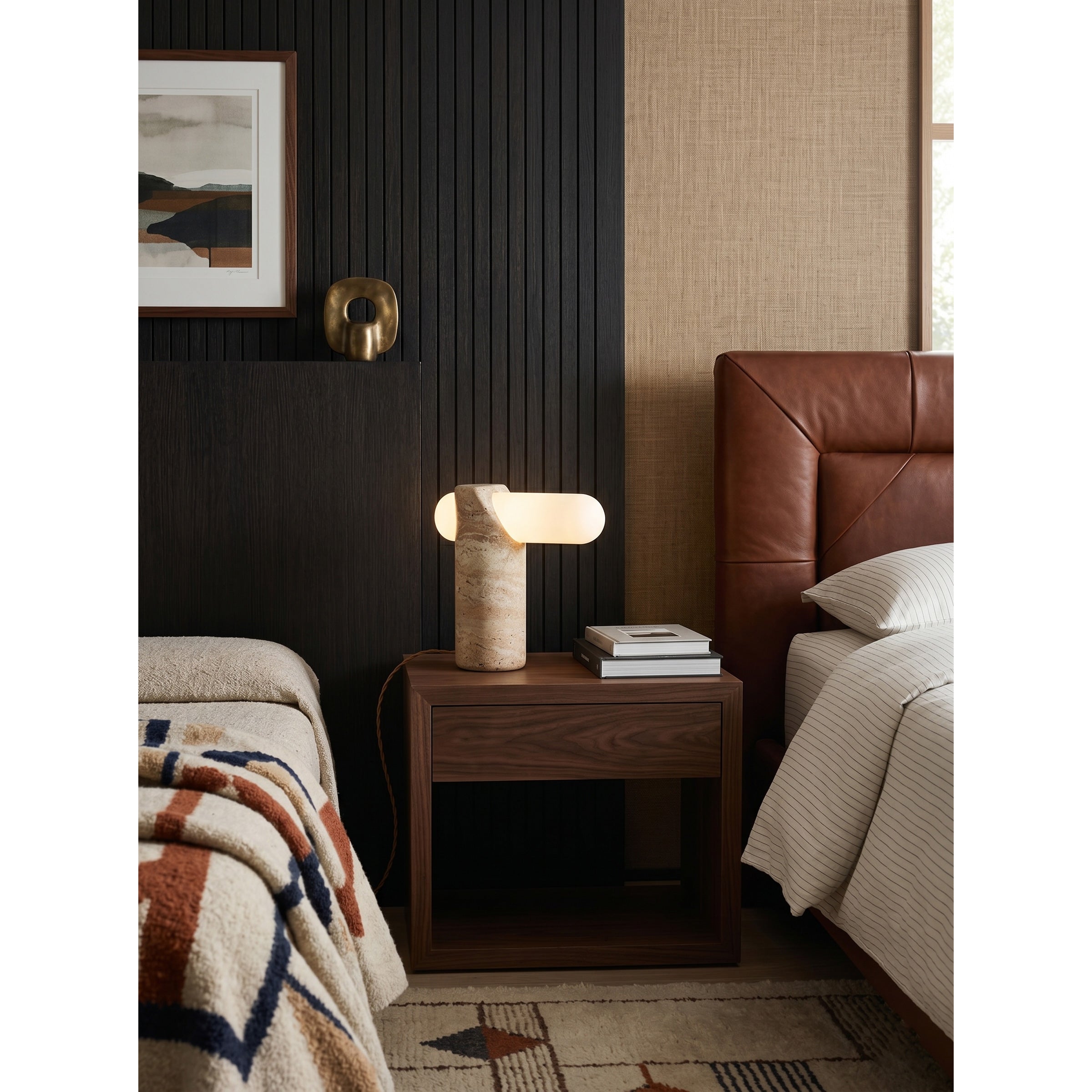 Side profile of the sculptural table lamp.