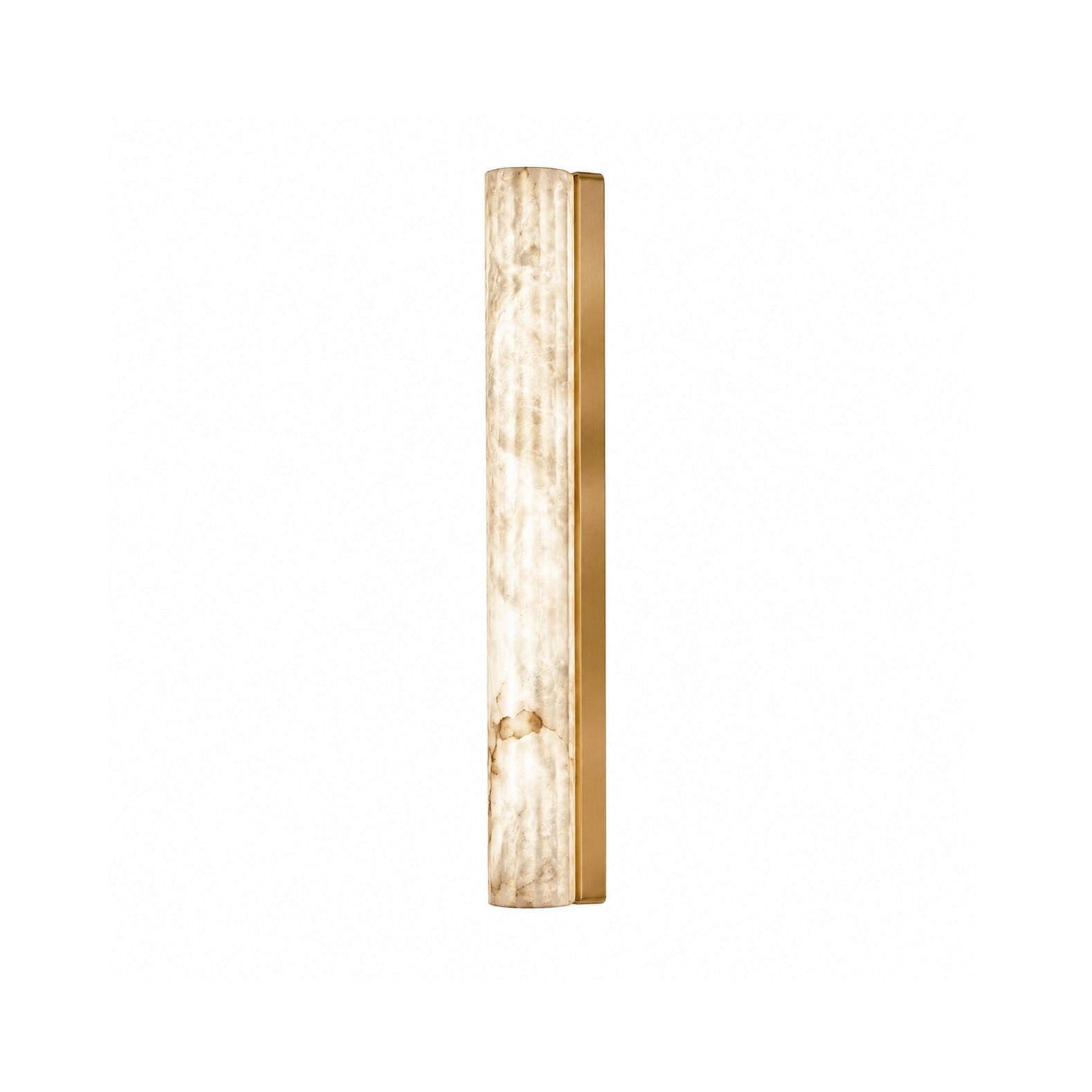 Vertical alabaster roller wall sconce with an antique brass backplate.