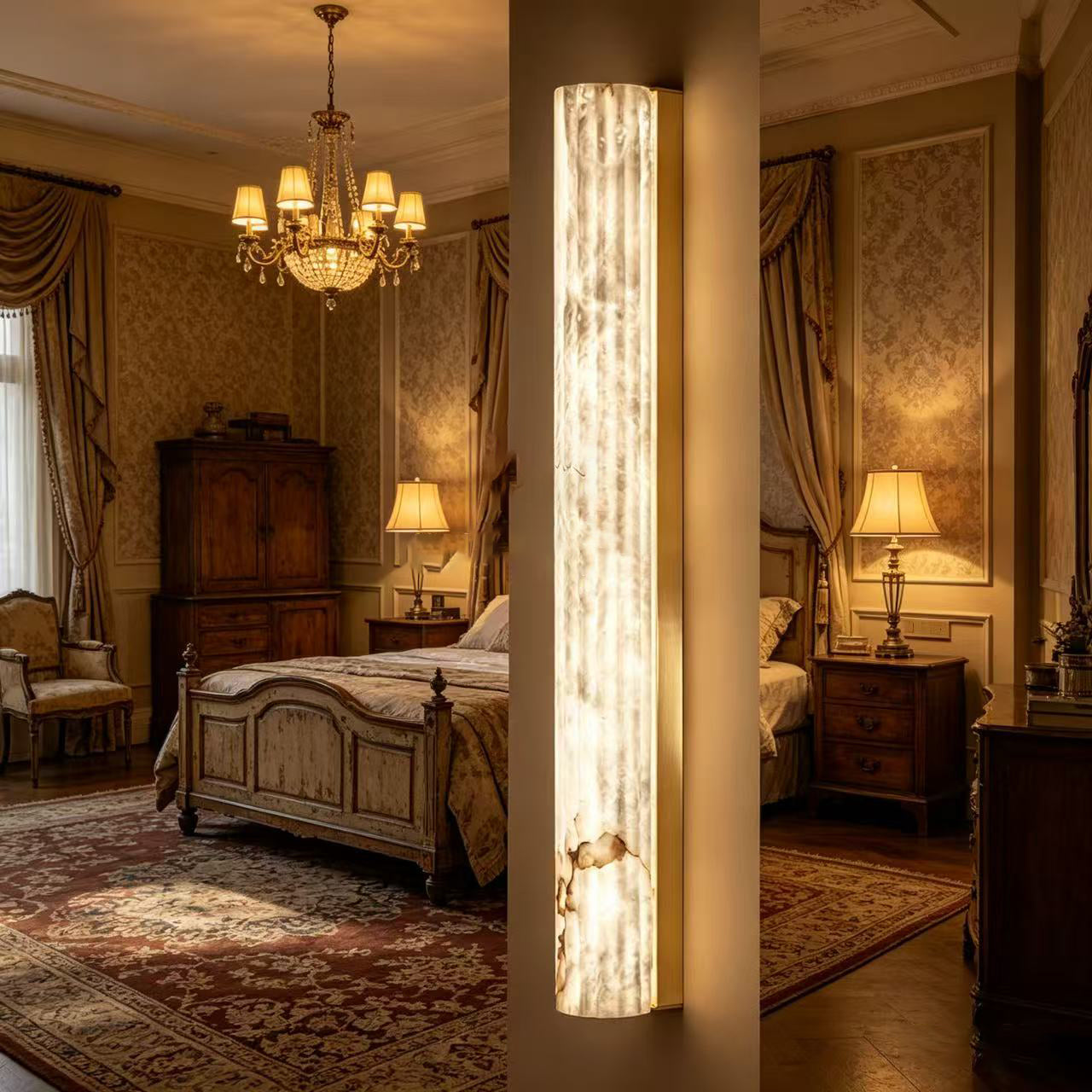 The alabaster wall sconce adding a touch of sophistication to a hallway.