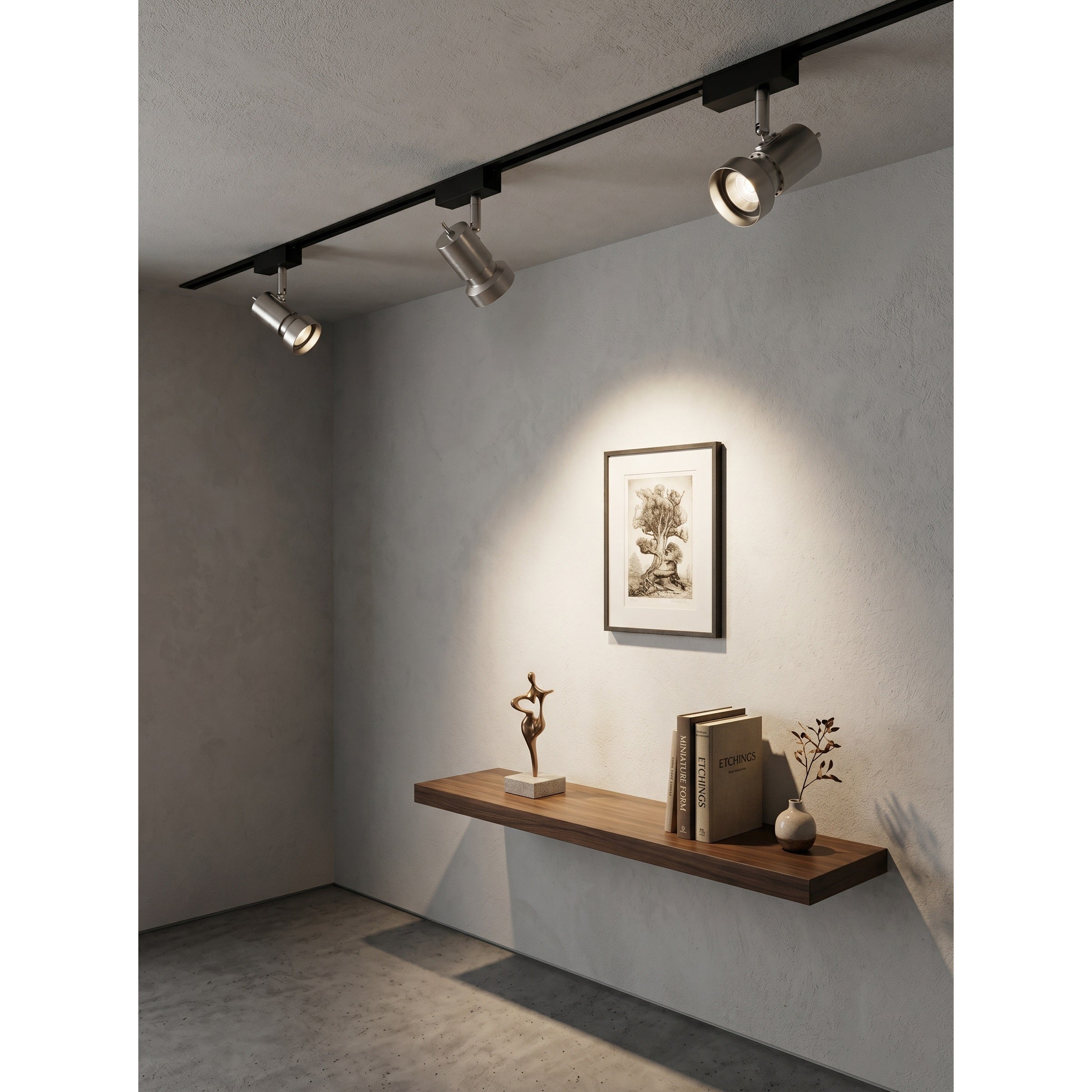 Side profile of the nickel track light fixture.