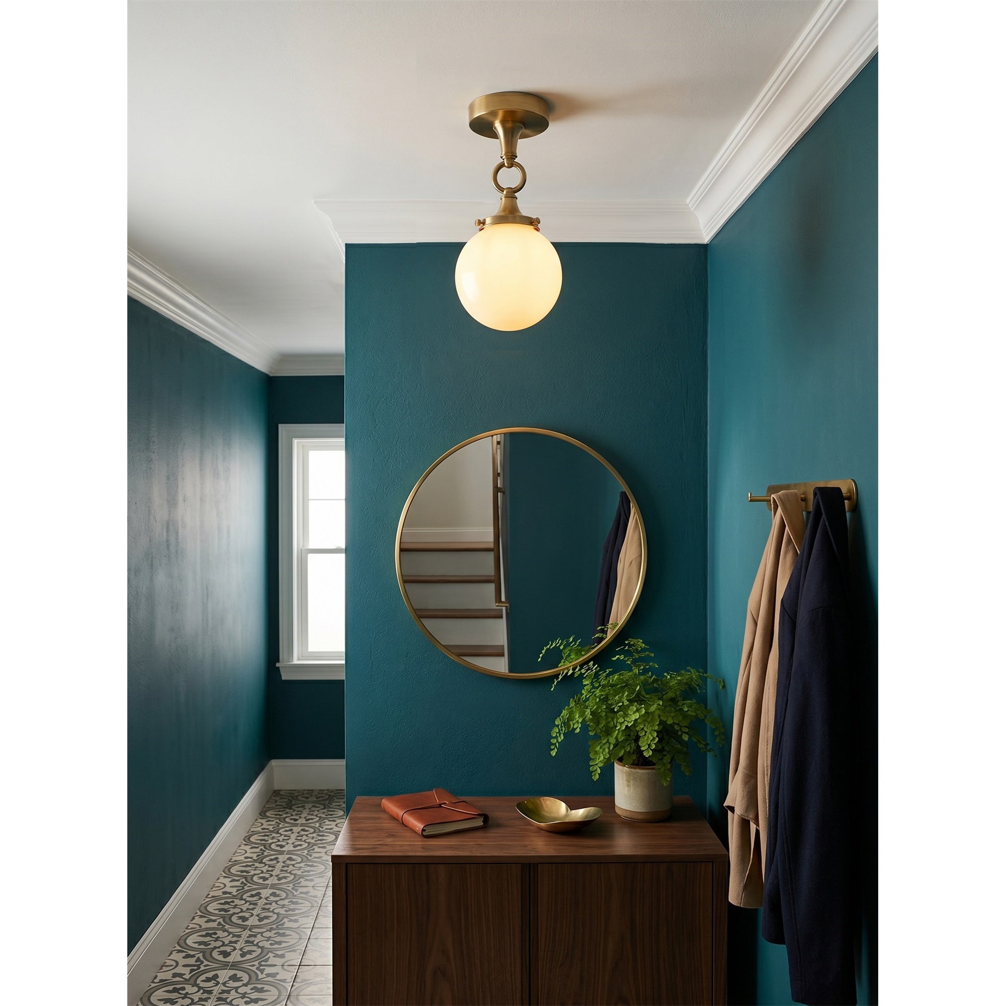 The Wildwood Semi-Flush Mount adding a chic touch to a powder room.