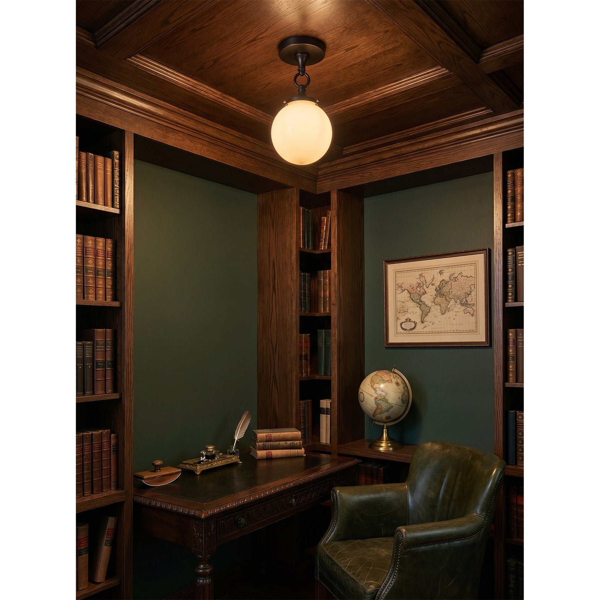 Lifestyle image of the Wildwood light in a hallway with low ceilings.