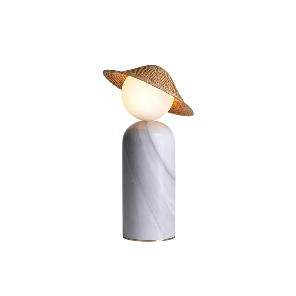 Theros Table Lamp with marble base and rattan shade on a neutral background.