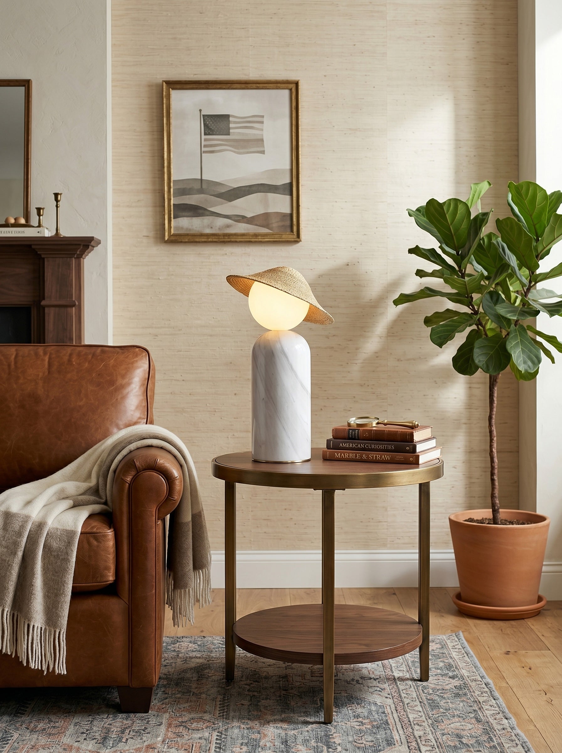 Close-up of the frosted glass globe and hand-woven rattan shade of the Theros lamp.