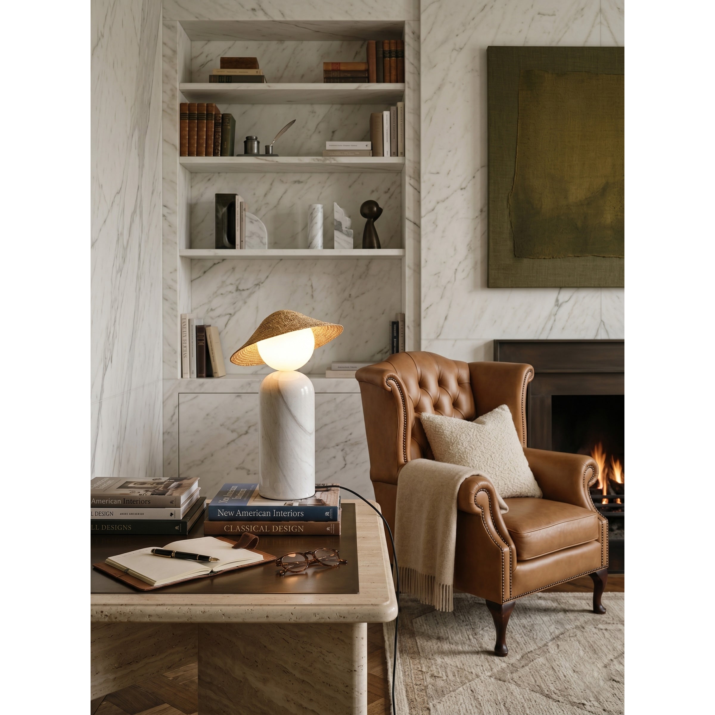 Theros Table Lamp shown in a minimalist living room setting on an end table.