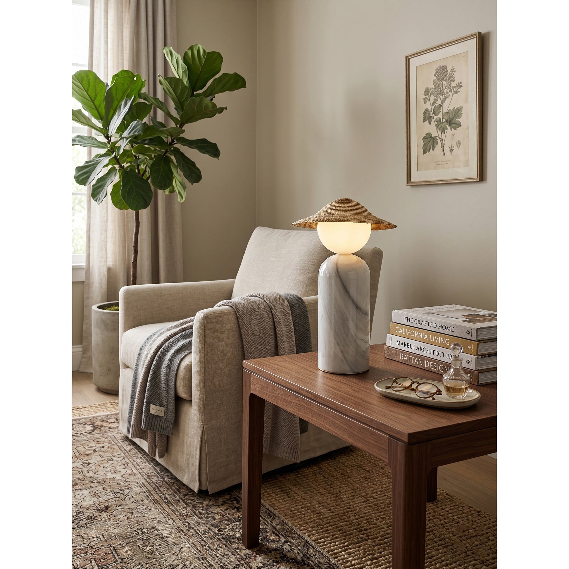 Side profile of the Theros Table Lamp showcasing its sculptural silhouette.