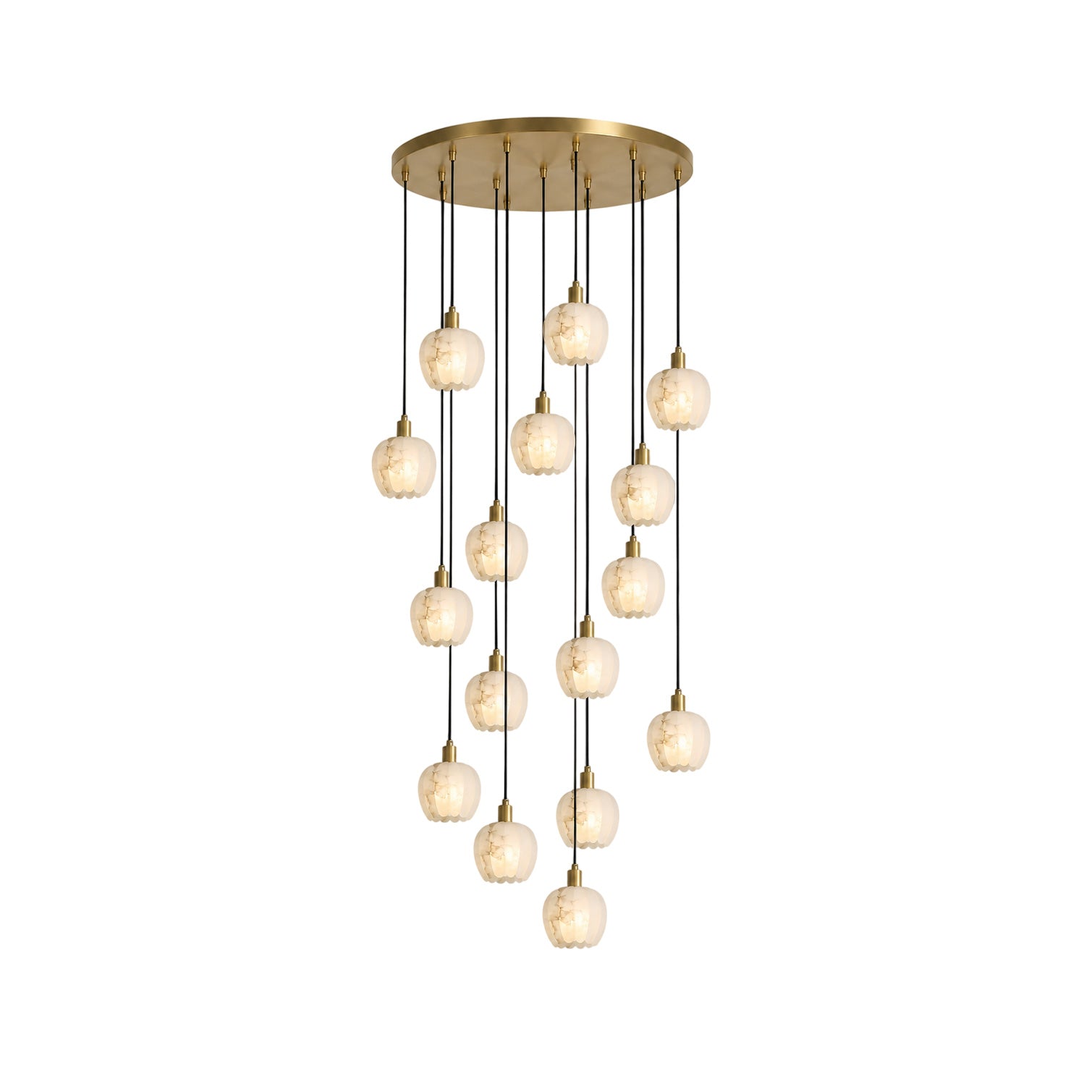 Lilin Alabaster Chandelier with multiple globes in a waterfall cluster.