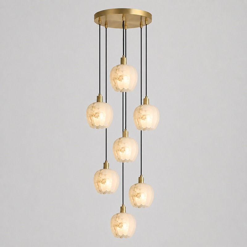The chandelier turned off, showing the natural beauty of the alabaster.