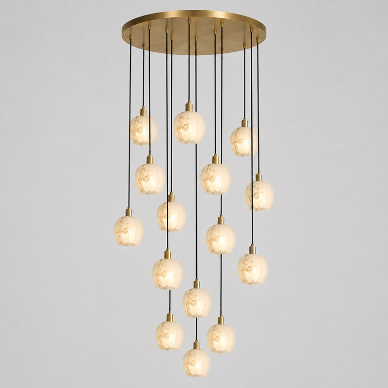 The chandelier from below, looking up at the cluster of lights.