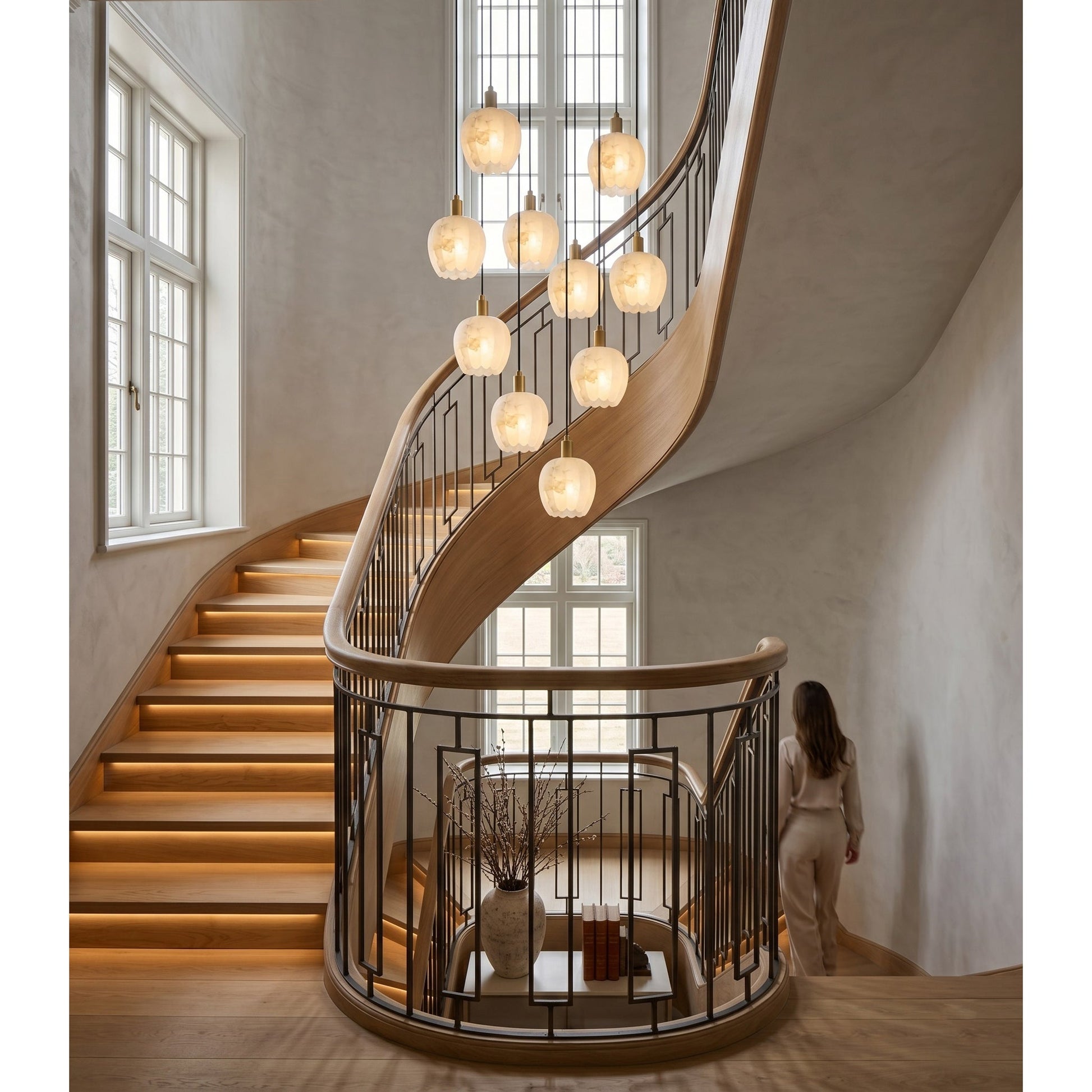 A 9-head configuration of the Lilin Alabaster Chandelier.