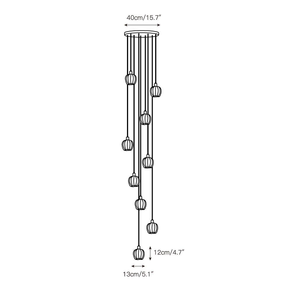 Angled view of the 7-head configuration of the Lilin Chandelier.