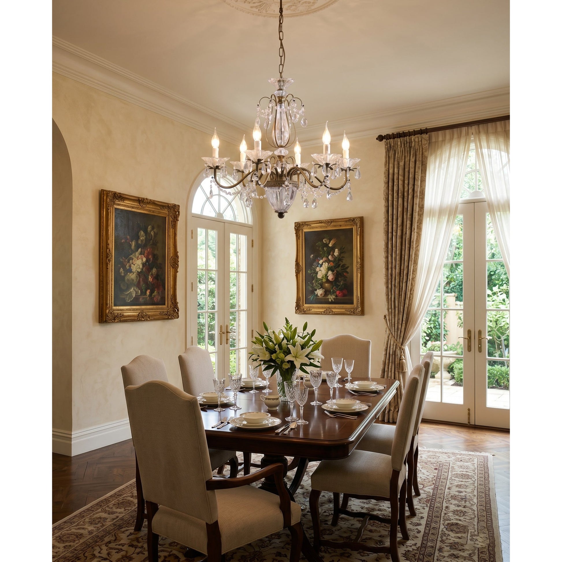 The chandelier in a master bedroom with high ceilings.