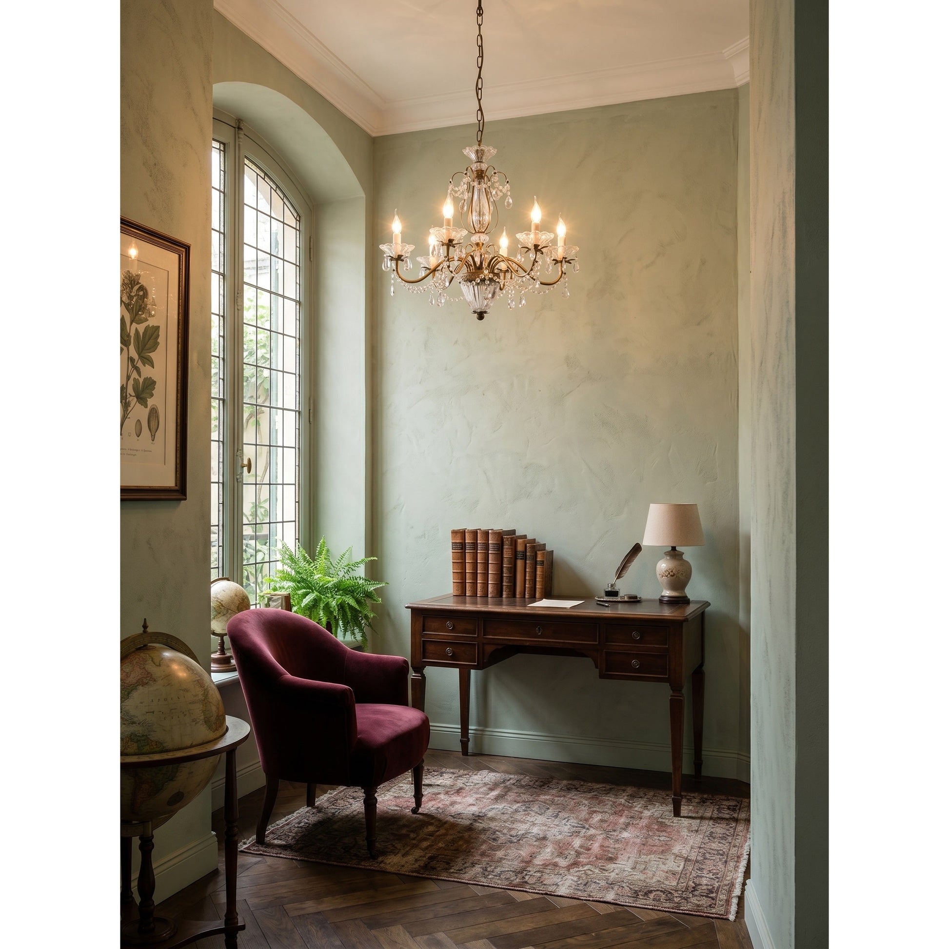 Side profile of the Venatici Crystal Chandelier against a neutral wall.