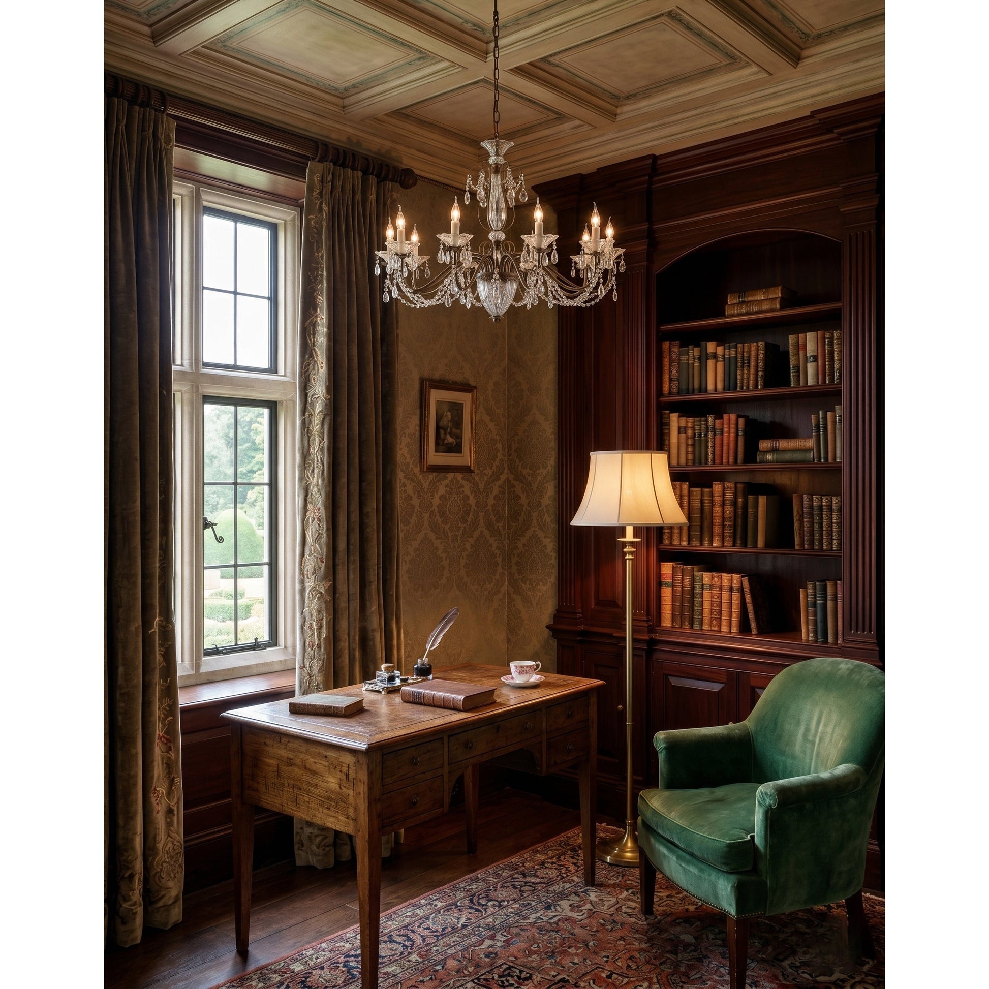 Lifestyle image of the chandelier in a French country style living room.