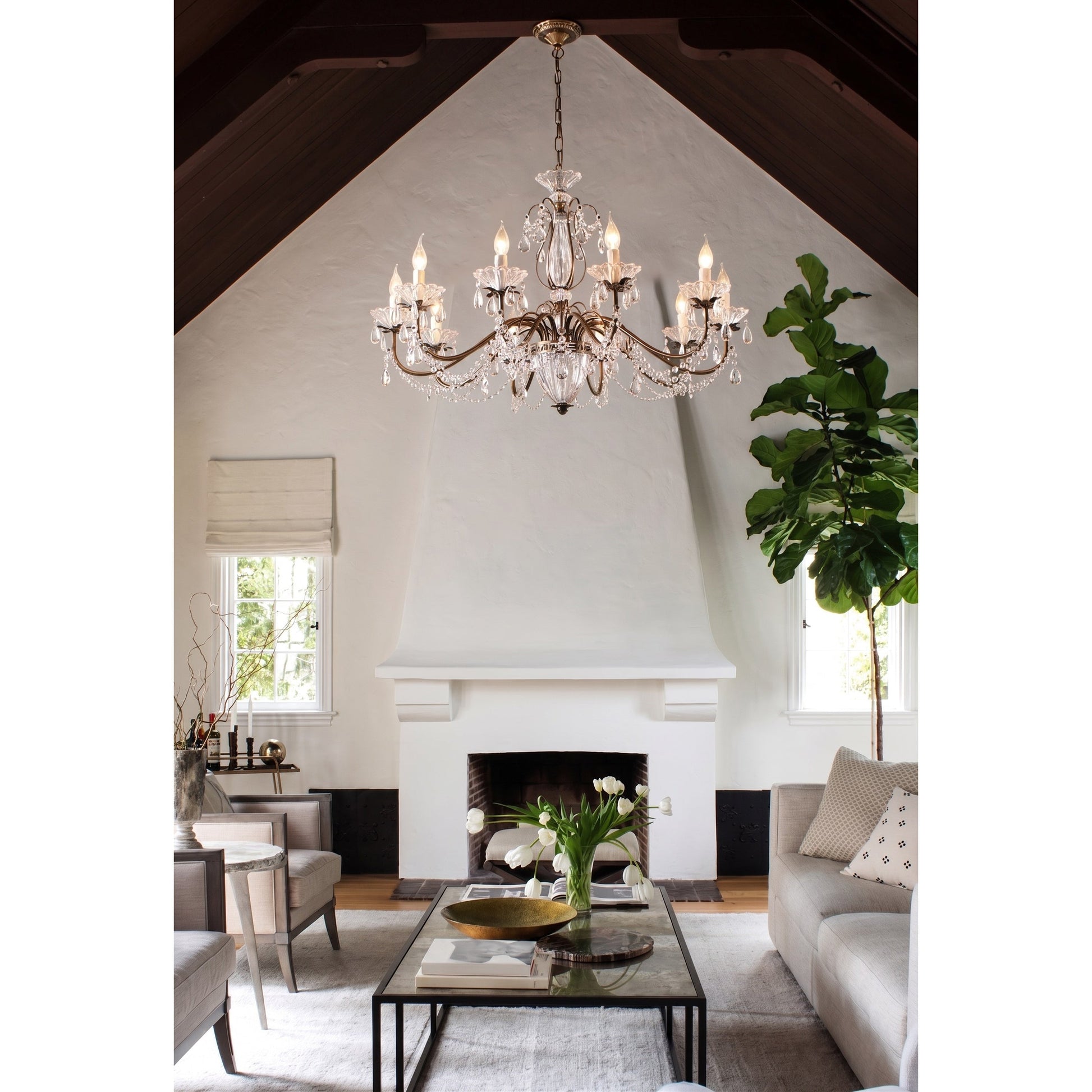 The chandelier unlit, showcasing its elegant form and materials.
