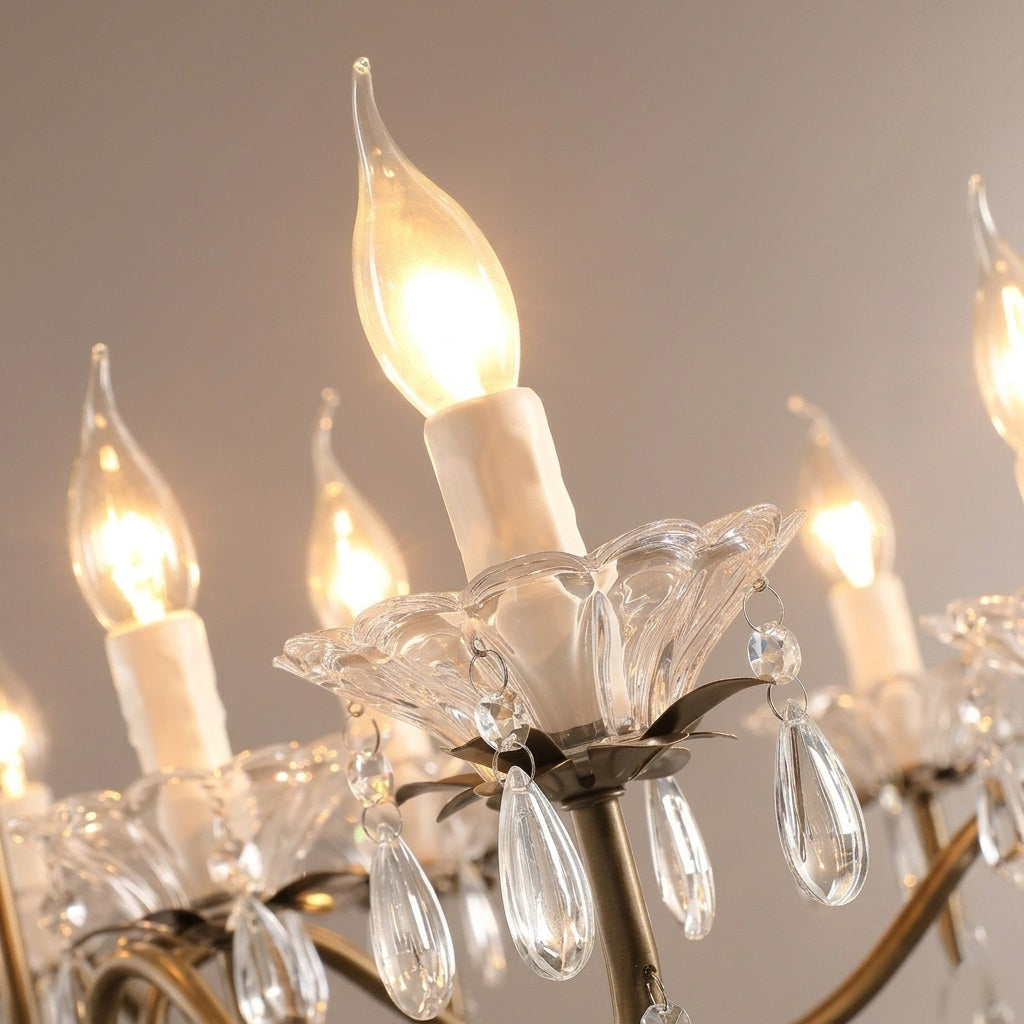 Full view of the 10-head chandelier from a distance, showing its scale.