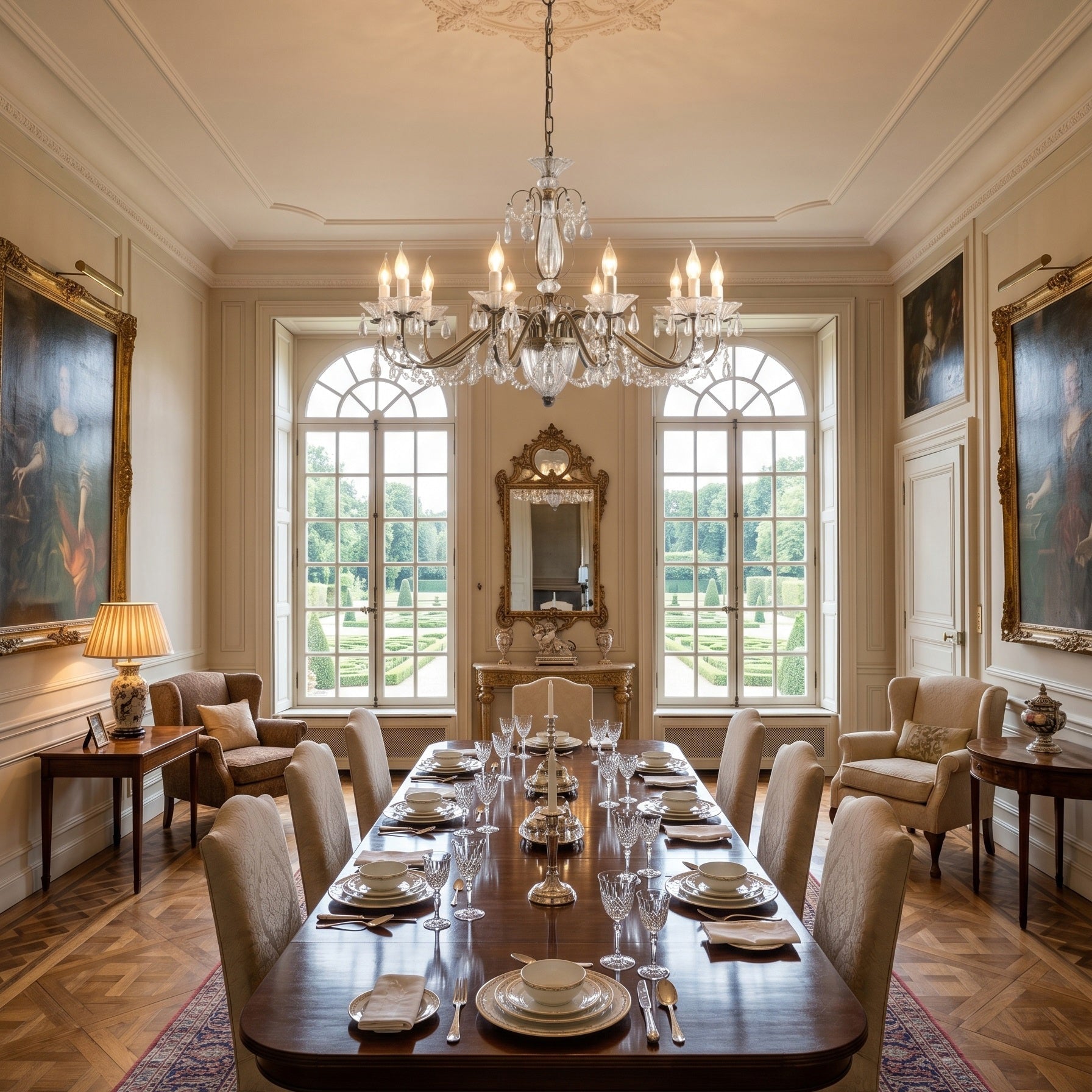The 10-head Venatici Chandelier hanging above a formal dining table.
