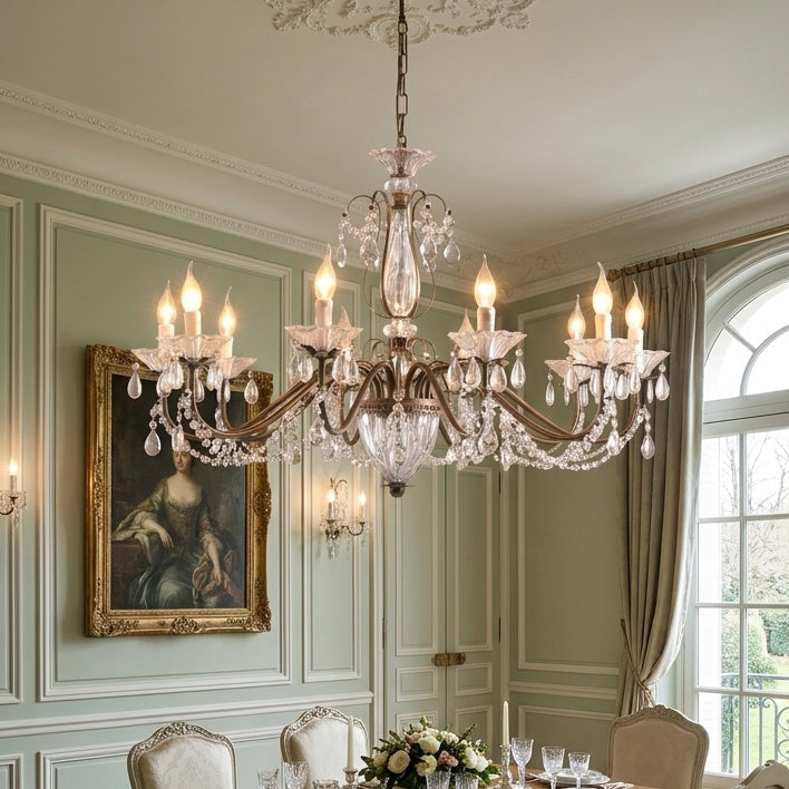 The 8-head version of the Venatici Crystal Chandelier shown illuminated.