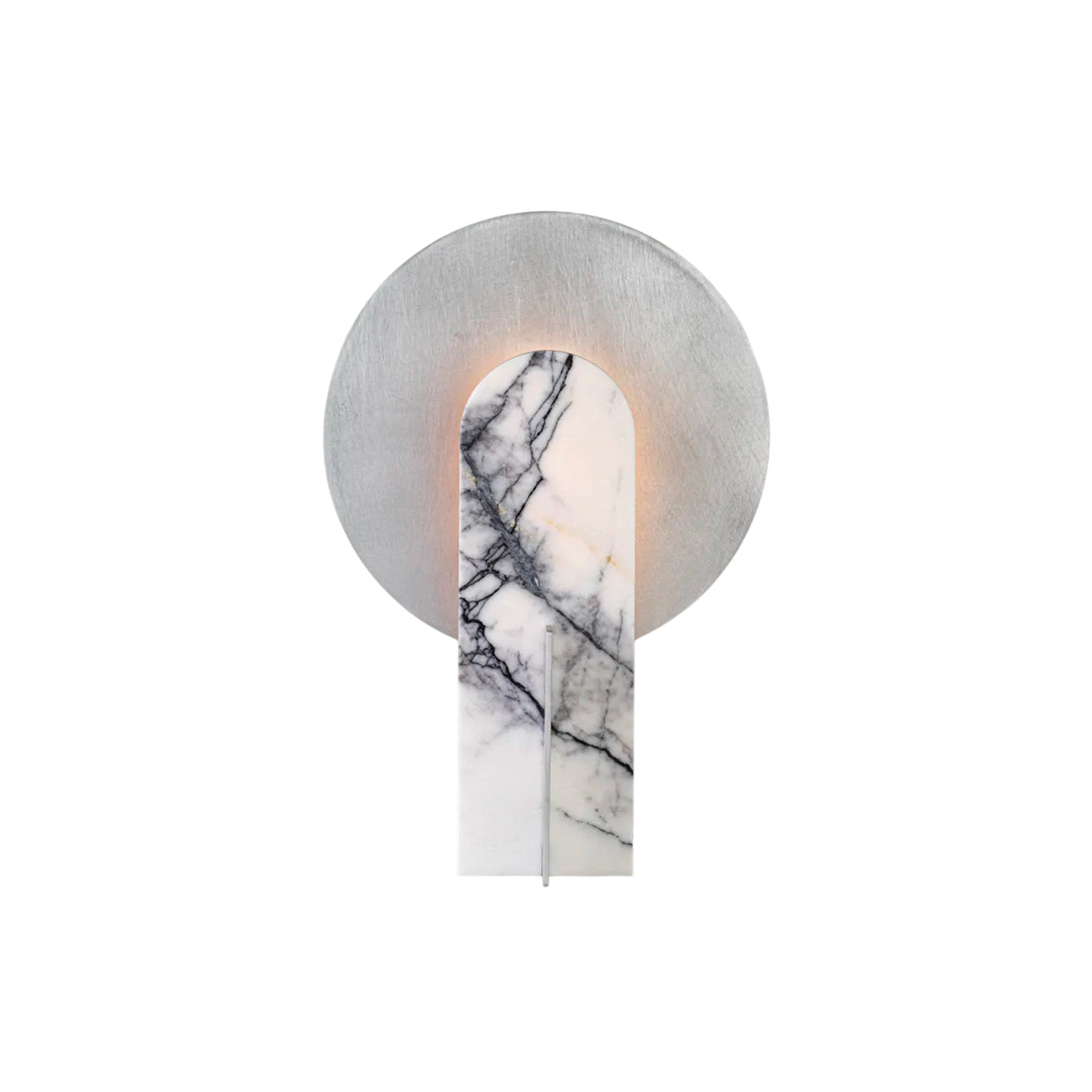 Alice Table Lamp in white marble with a brushed silver disk.