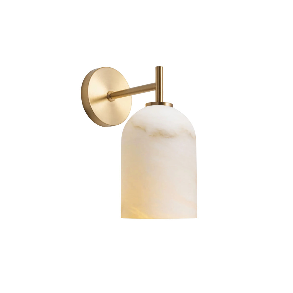 Rae Alabaster Wall Lamp with a gold finish against a plain wall.