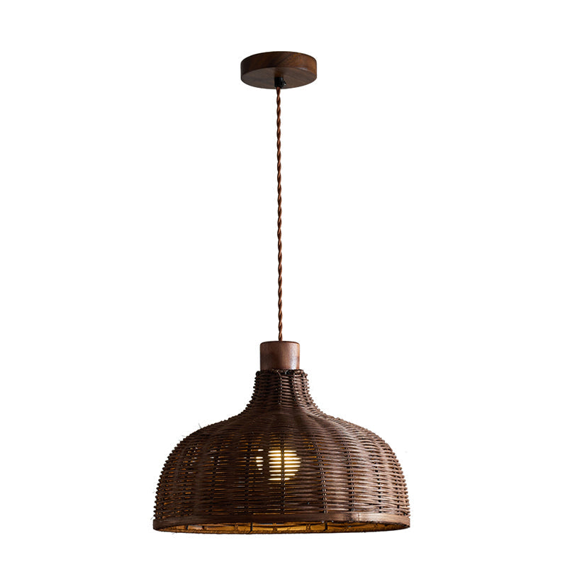 Angled perspective of the Rasa Pendant Light's woven dome shade.