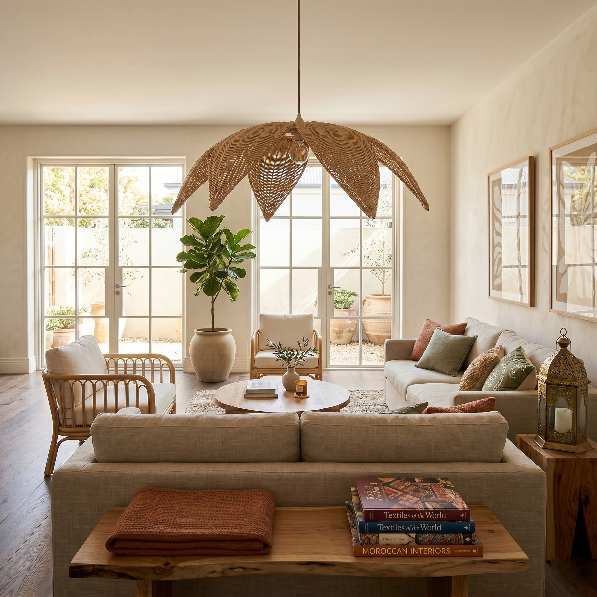 Lifestyle image showing the pendant lamp in a modern, nature-inspired living space.