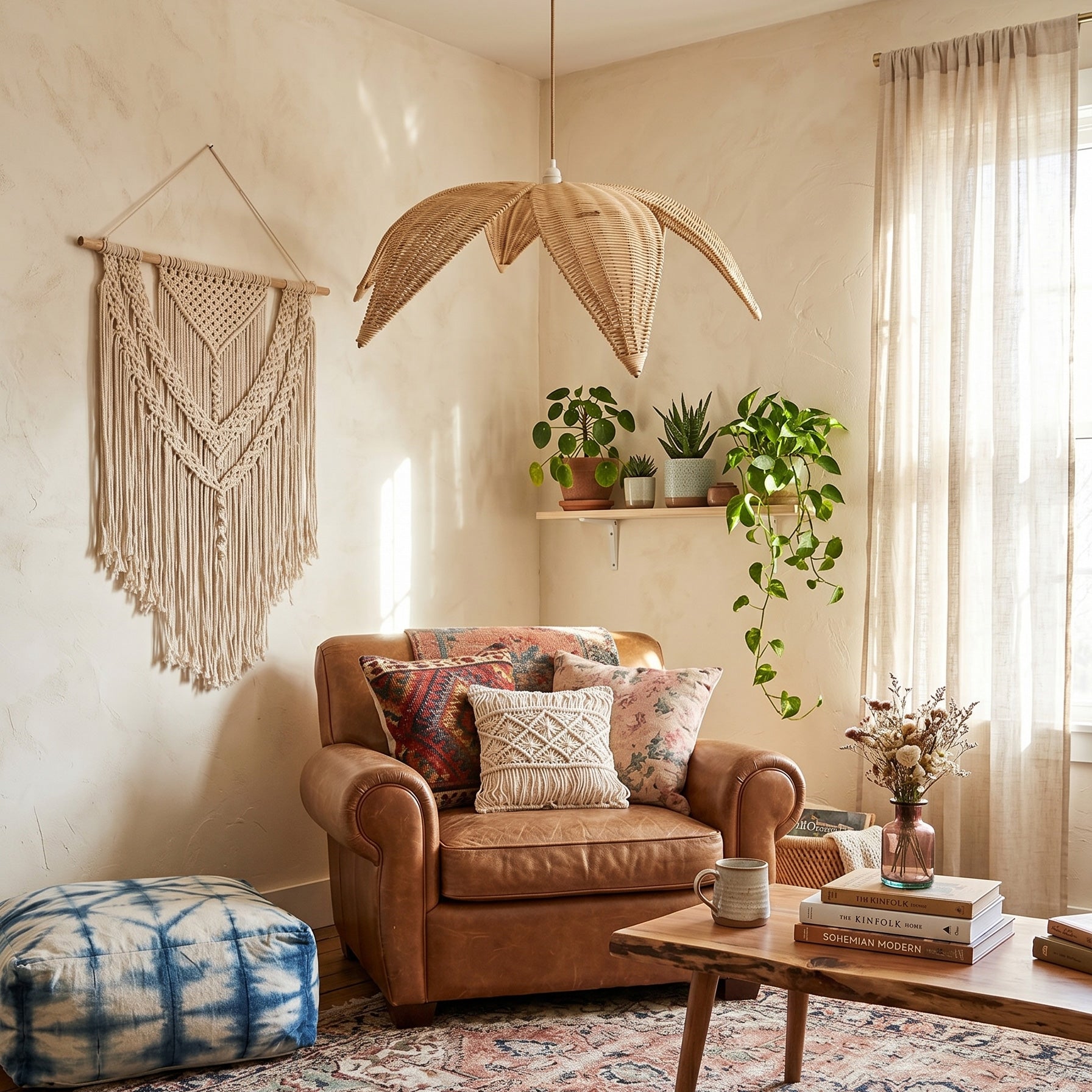 Side profile of the Rattan Leaves Pendant Lamp against a neutral wall.