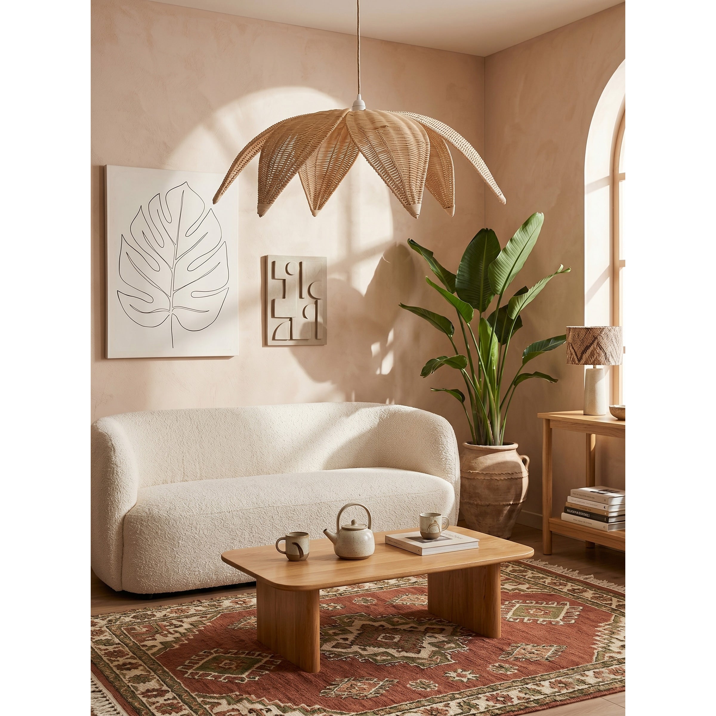 The pendant lamp creating a serene ambiance in a California casual style bedroom.