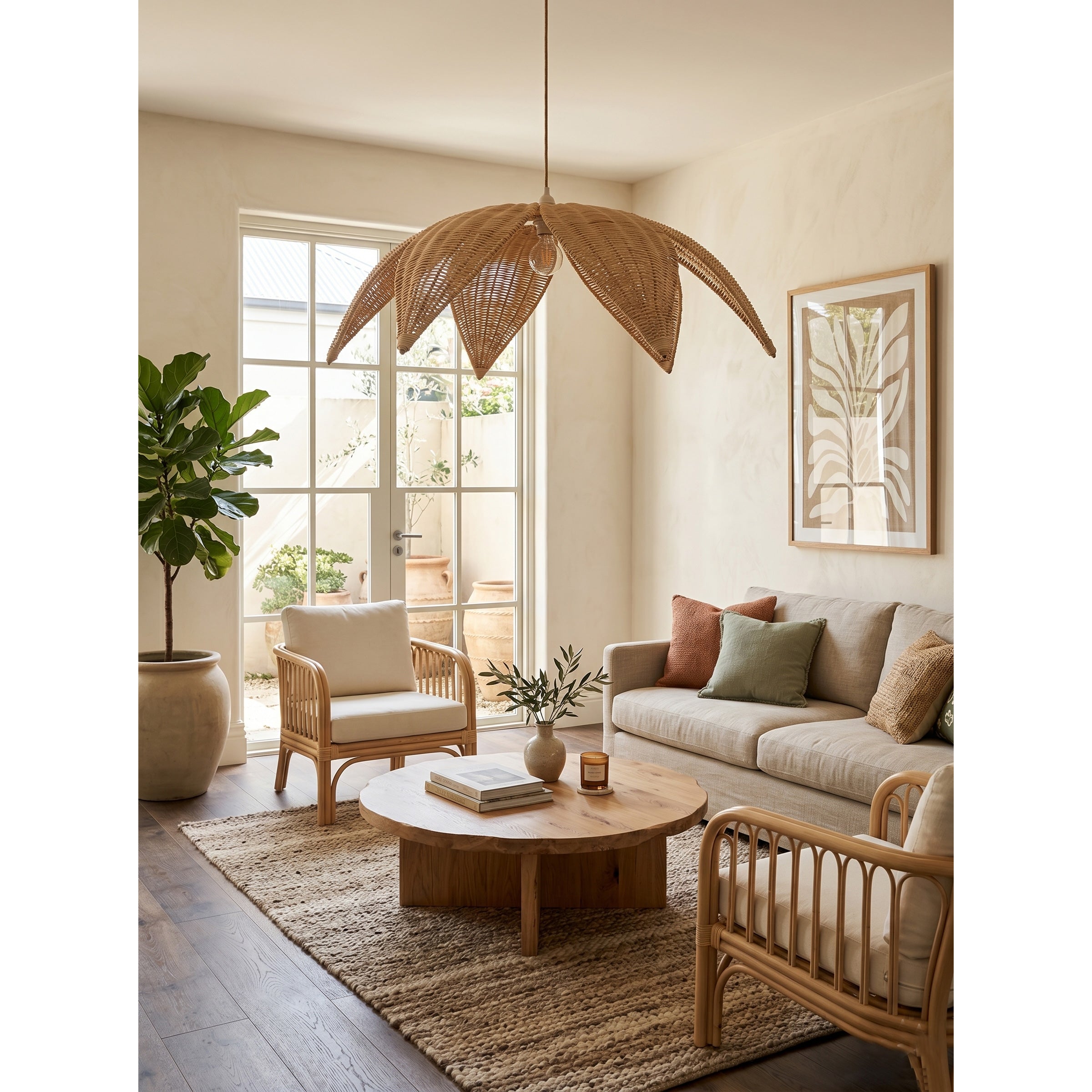 Rattan Leaves Pendant Lamp illuminated, casting a warm and inviting glow.