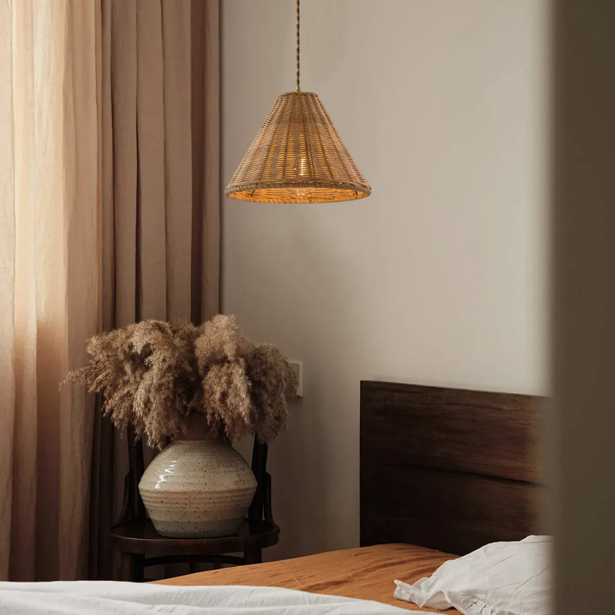 Pendant Lamp Rattan Shade and Metal Body Cone Shape Natural Minimalist