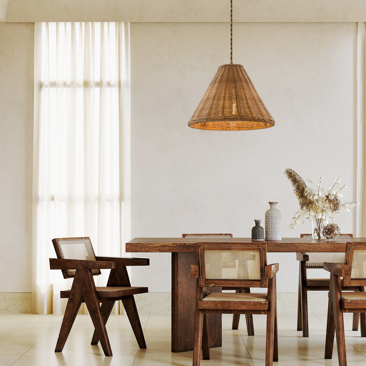 Pendant Lamp Rattan Shade and Metal Body Cone Shape Natural Minimalist