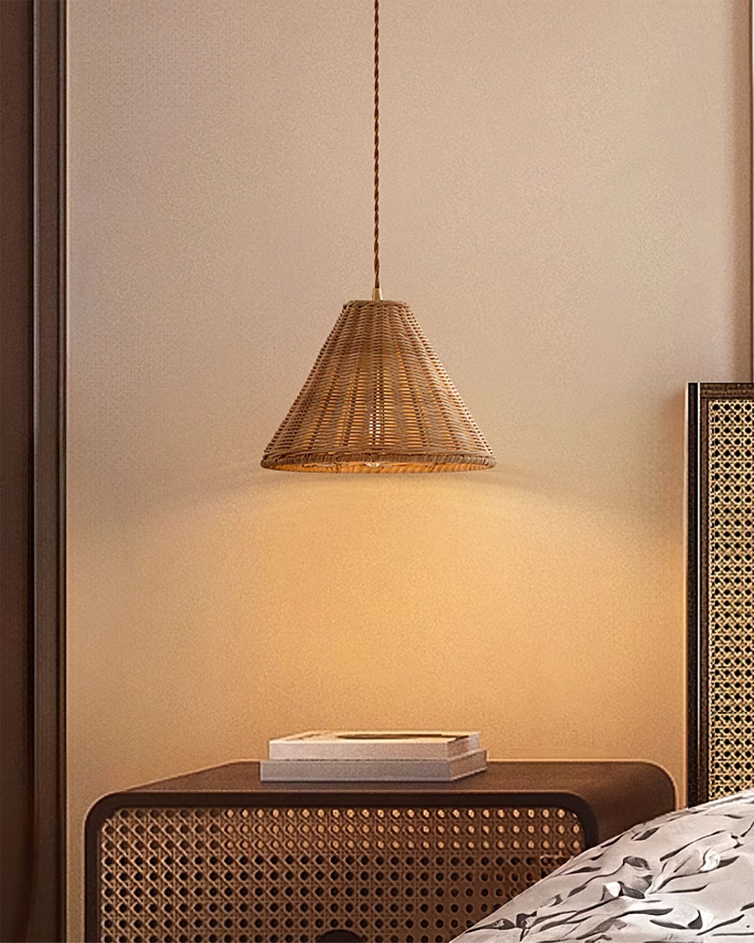 Pendant Lamp Rattan Shade and Metal Body Cone Shape Natural Minimalist