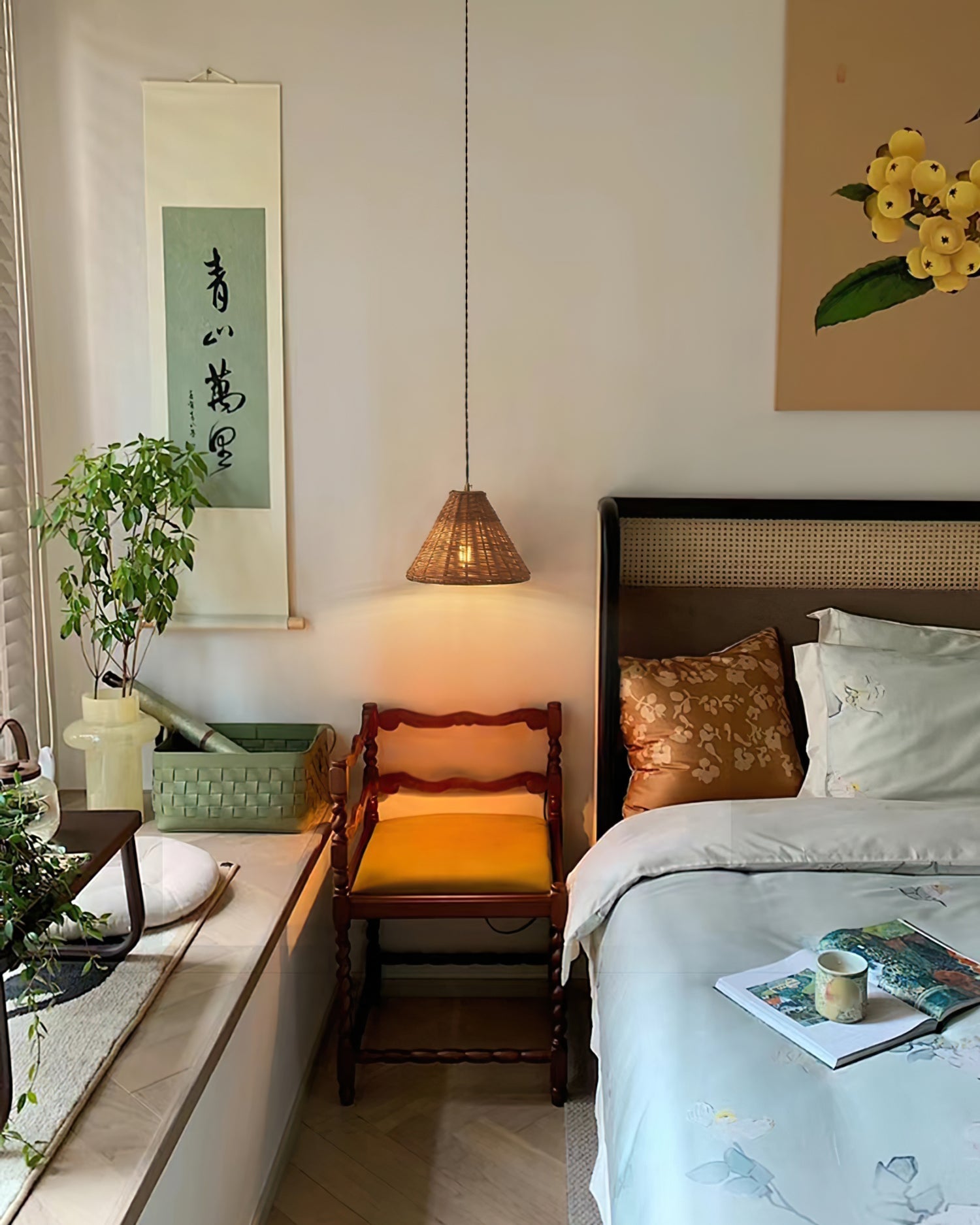 Pendant Lamp Rattan Shade and Metal Body Cone Shape Natural Minimalist