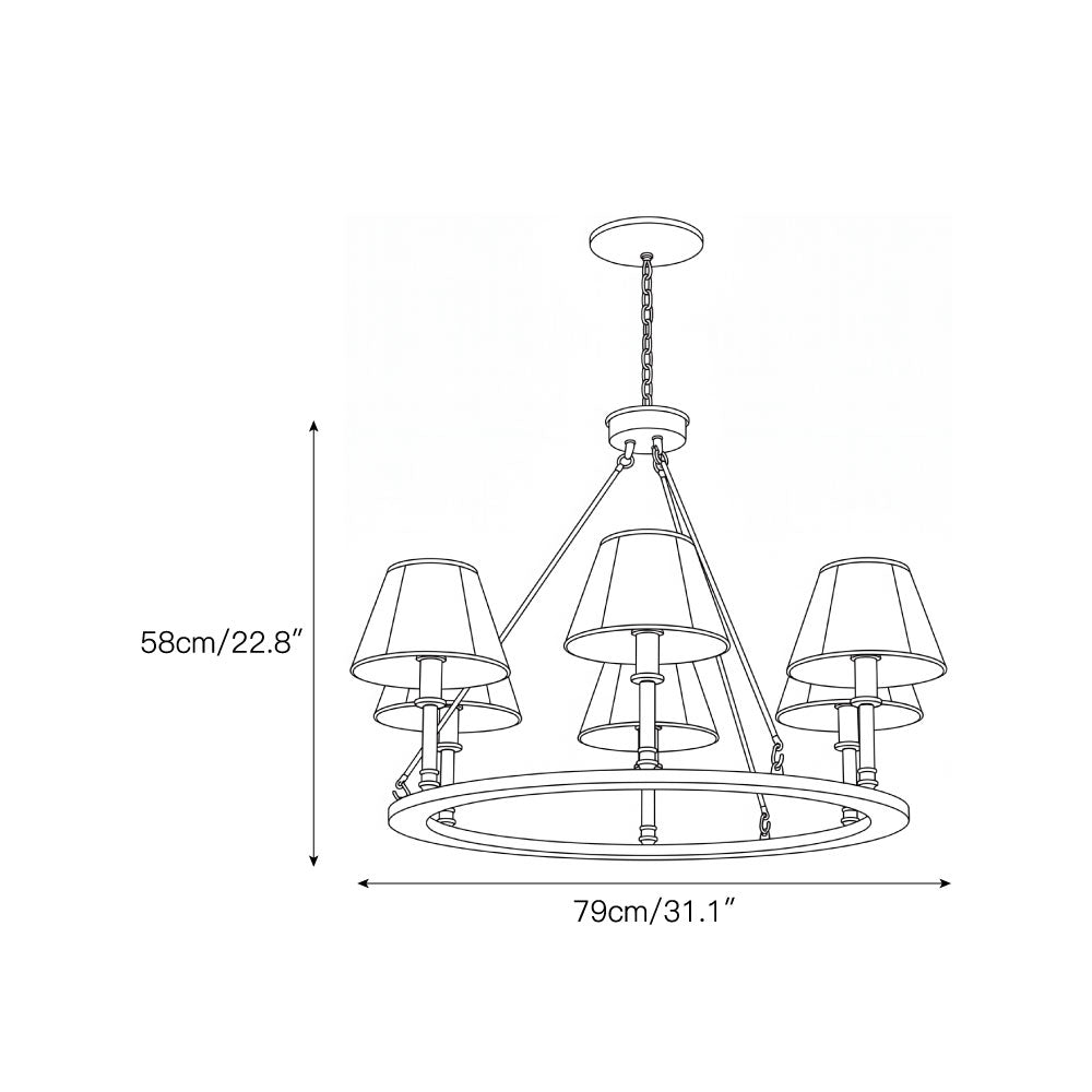 The 6-light Redlands chandelier hanging over a dining table.