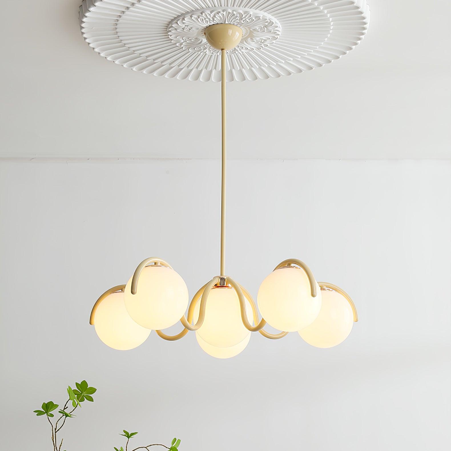Lustra Chandelier White Glass Globes Curved Frame-Neutral Decor