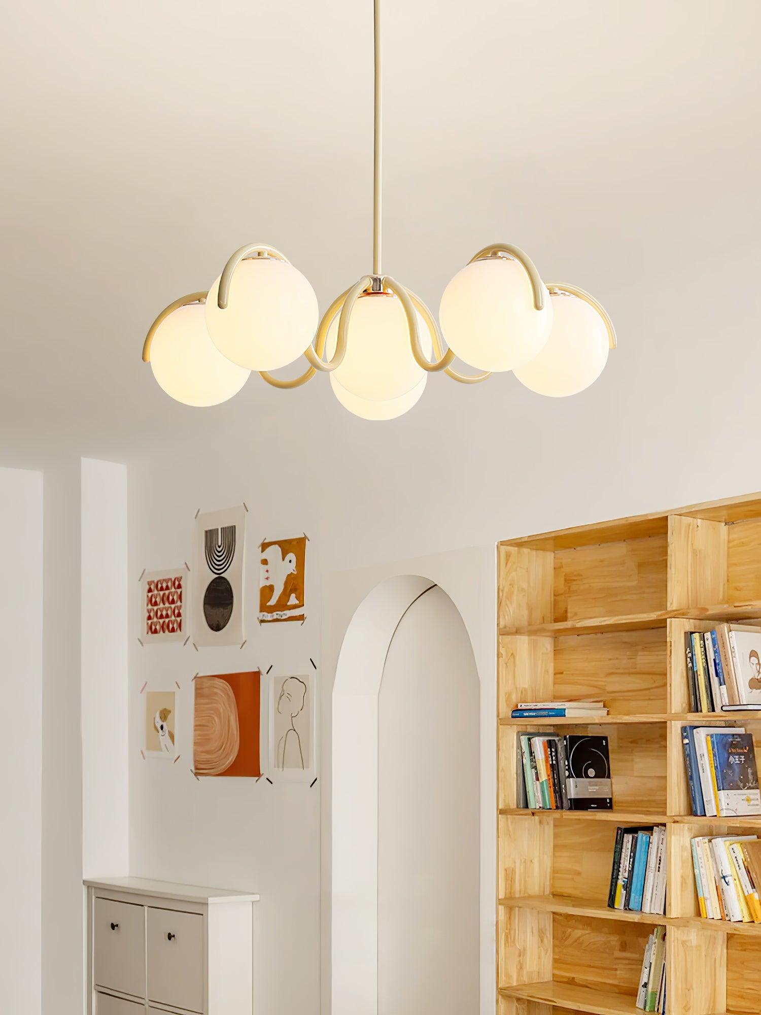 Lustra Chandelier White Glass Globes Curved Frame-Neutral Decor