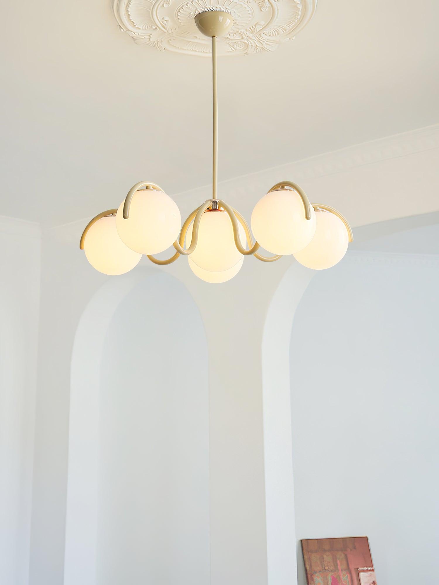Lustra Chandelier White Glass Globes Curved Frame-Neutral Decor
